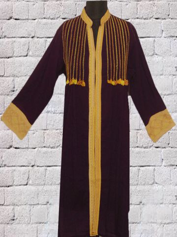 Dark Purple With Yellow Hand Embroidered Short Kurta