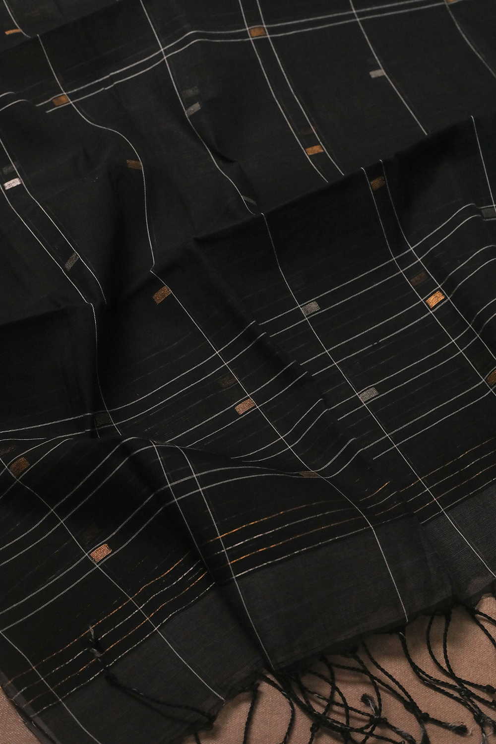 Zari Buttas on Black-Striped Motifs Handspun Cotton Dupatta - Image 3