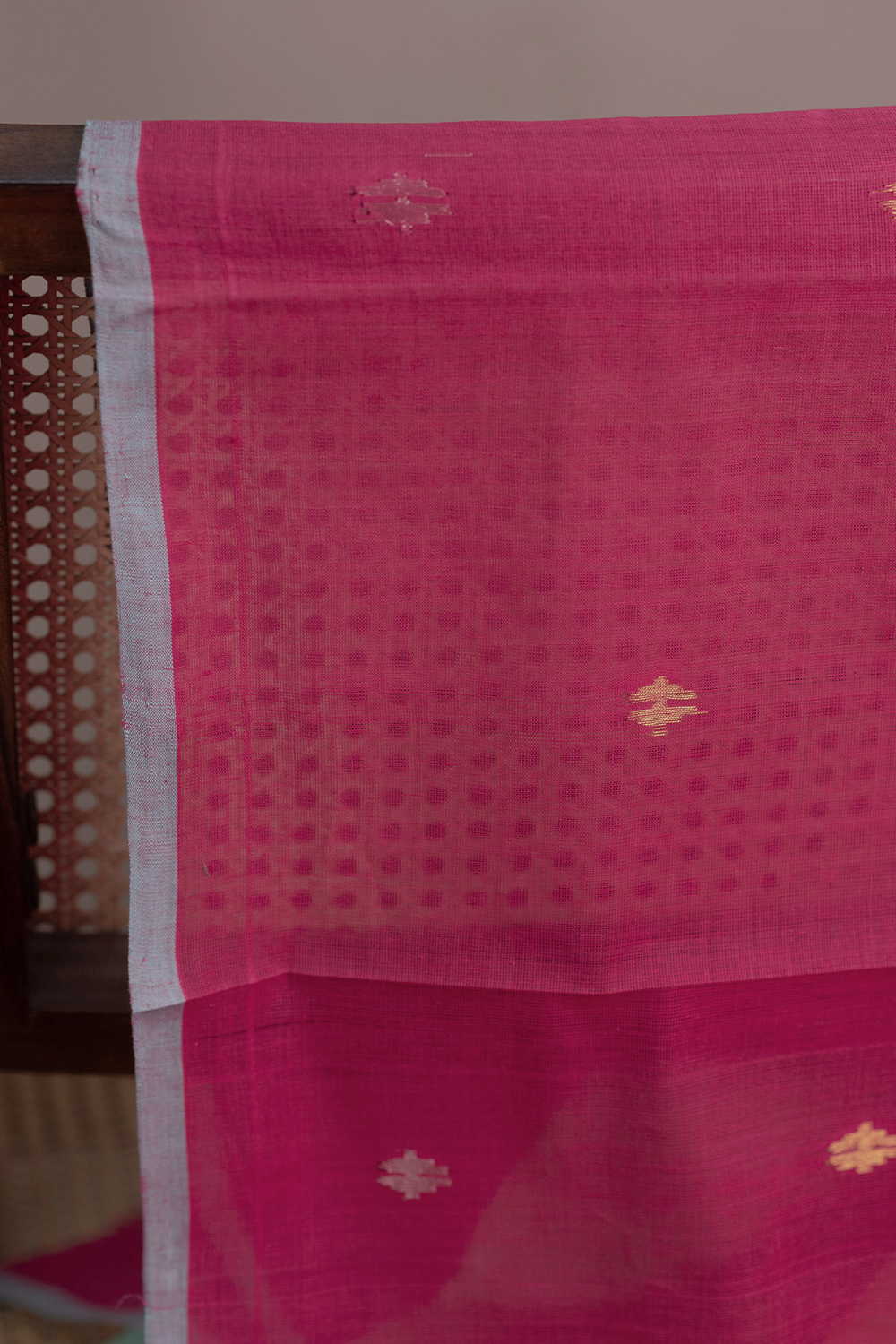 Silver & Gold Zari Butta - Ceriese Pink Handspun Cotton Fabric - Image 2