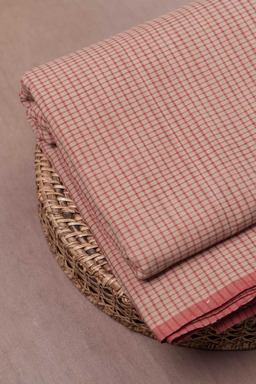 Pink Checks on Cream Handspun Cotton Fabric - Image 2