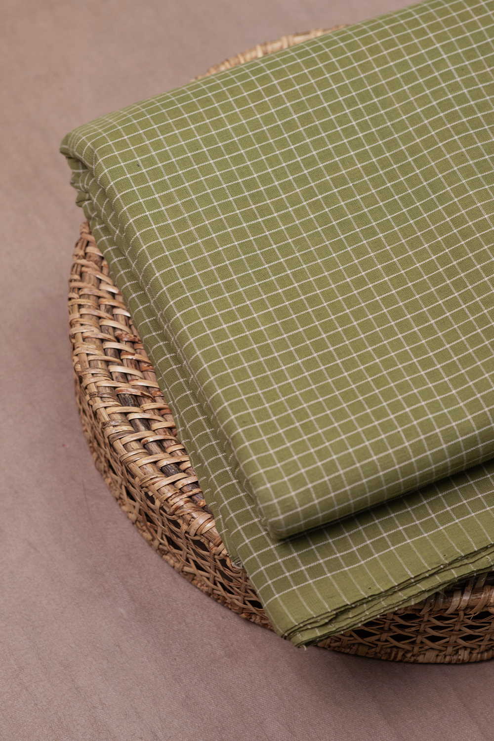 Cream Checks - Green Handspun Cotton Fabric - Image 2
