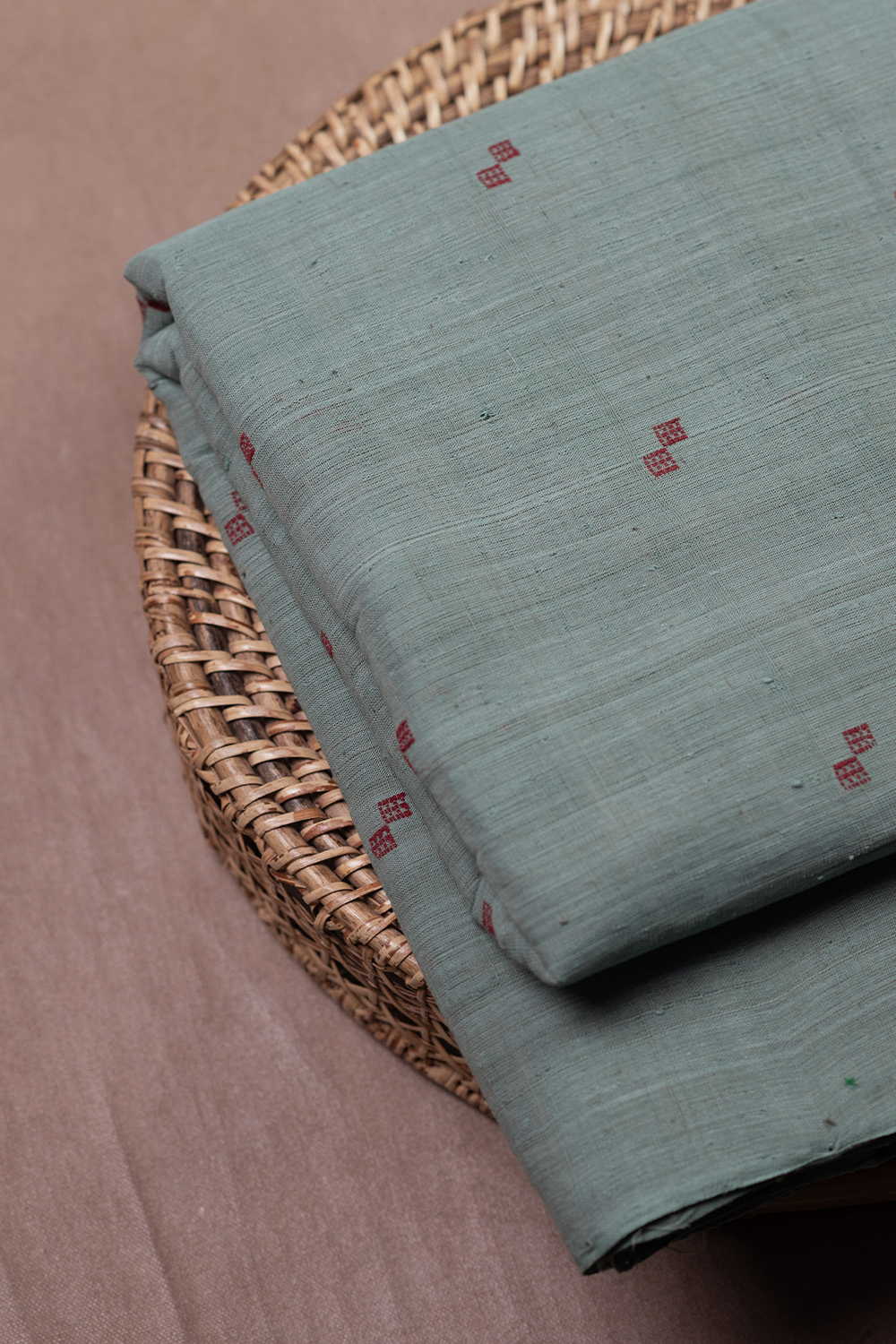 Maroon Butta on Green Handspun Cotton Fabric - Image 2