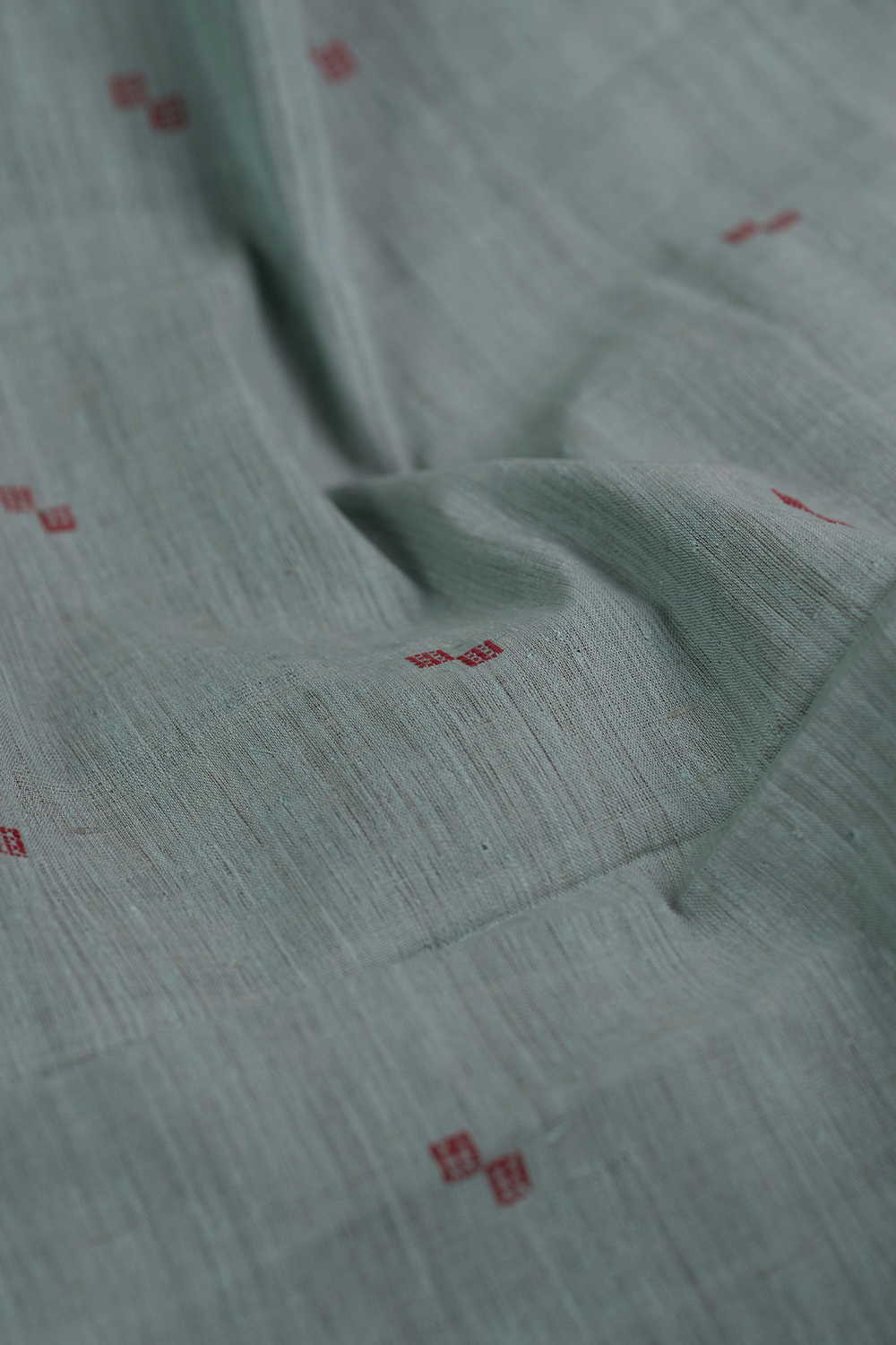 Maroon Butta on Green Handspun Cotton Fabric - Image 3