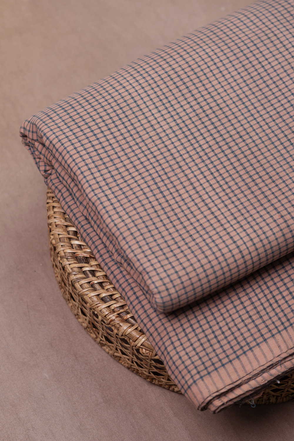 Blue Checks on Peach Handspun Cotton Fabric