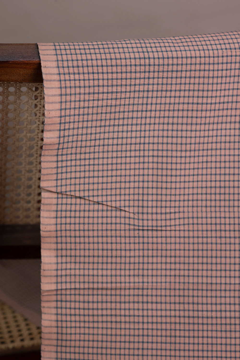 Blue Checks on Peach Handspun Cotton Fabric - Image 2