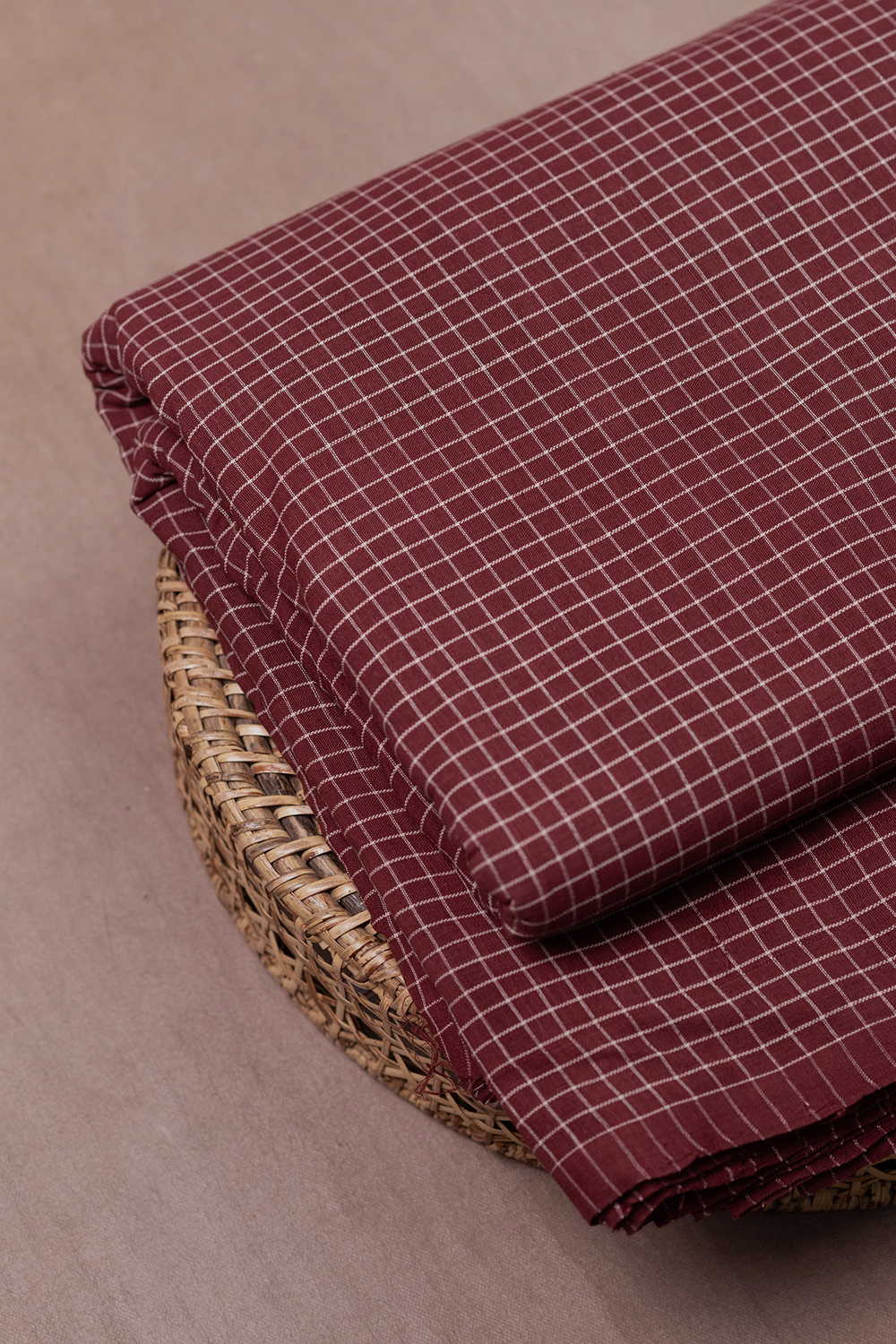 Cream Checks on Maroon Handspun Cotton Fabric