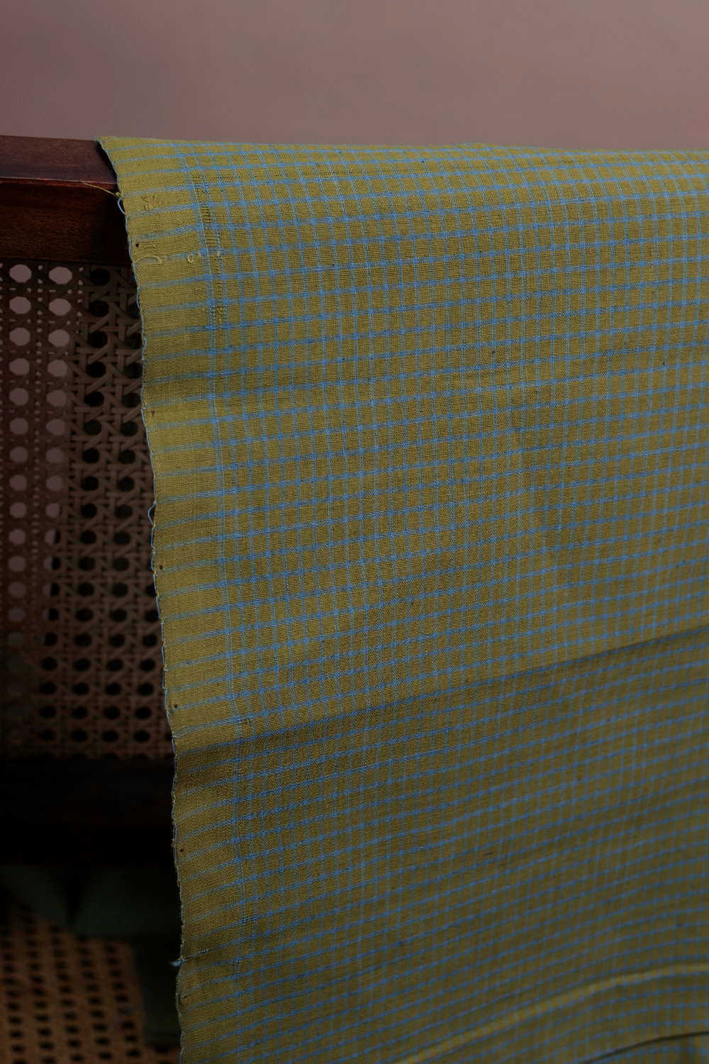 Checkered on Green Handspun Cotton Fabric - Image 2