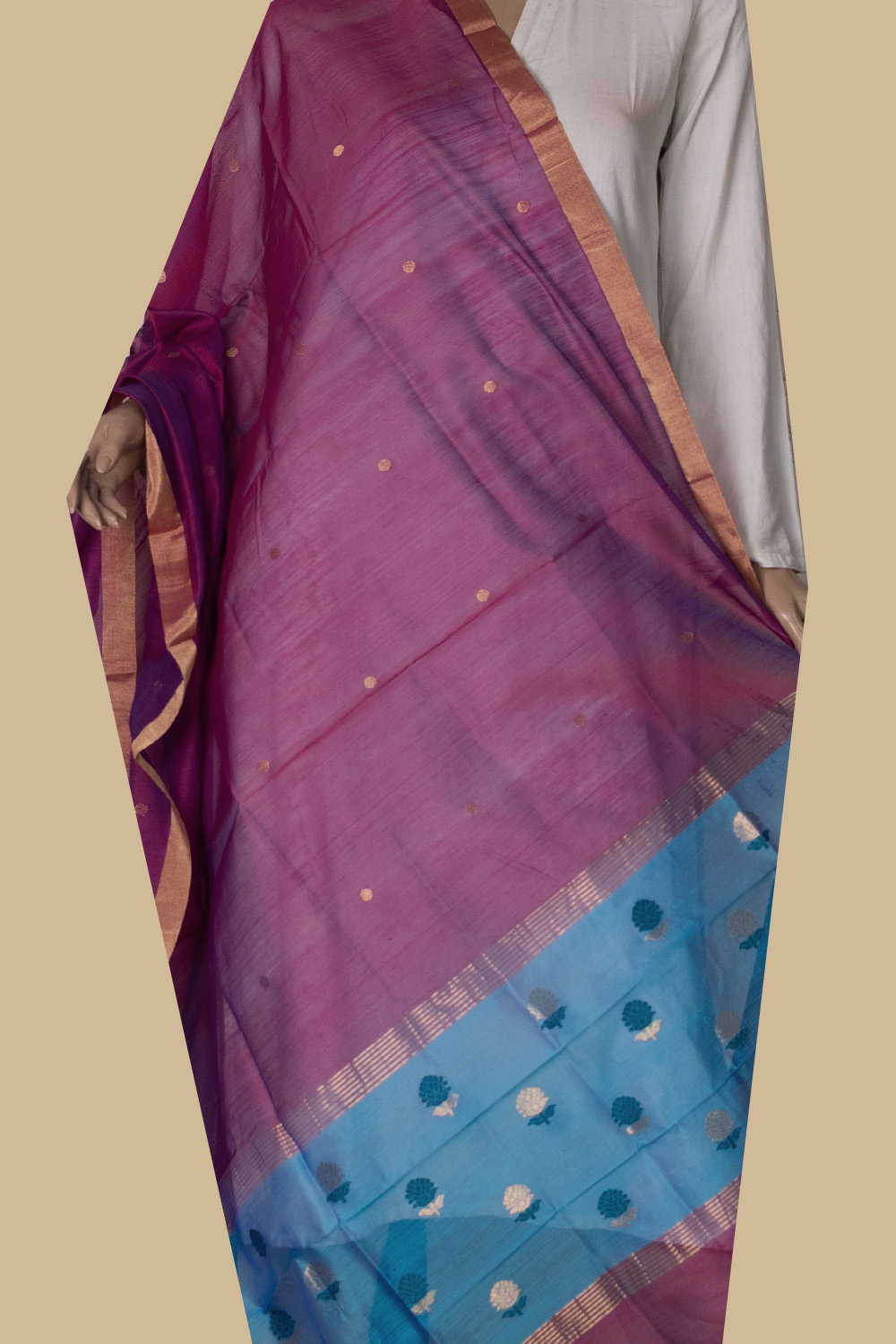 Dark Pink with Blue Chanderi Silk Cotton Dupatta - Image 2