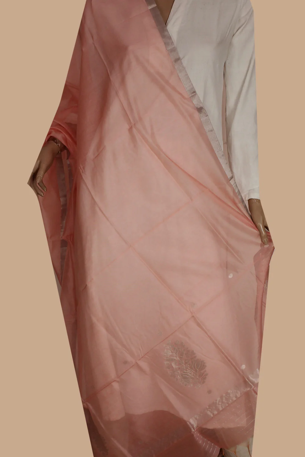 Dark Peach Handwoven Chanderi Dupatta - Image 2