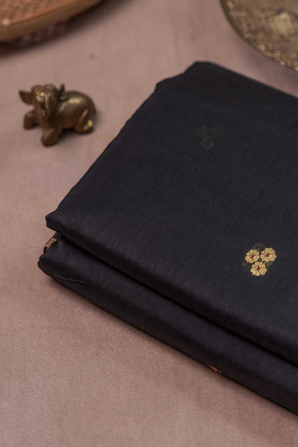 Black with Zari Butti Chanderi Silk Cotton Fabric