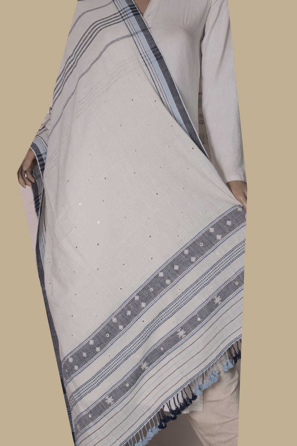 Hand Embroidered Mirror Work on Cream Bhujodi Cotton Dupatta