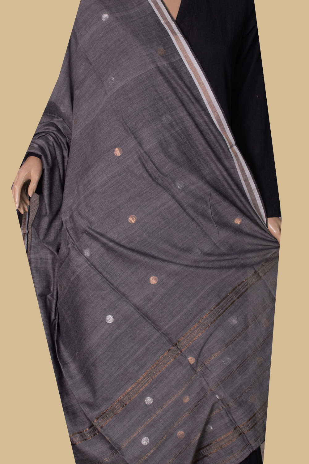 Coin Zari Butta - Dark Grey Jamdani Cotton Dupatta