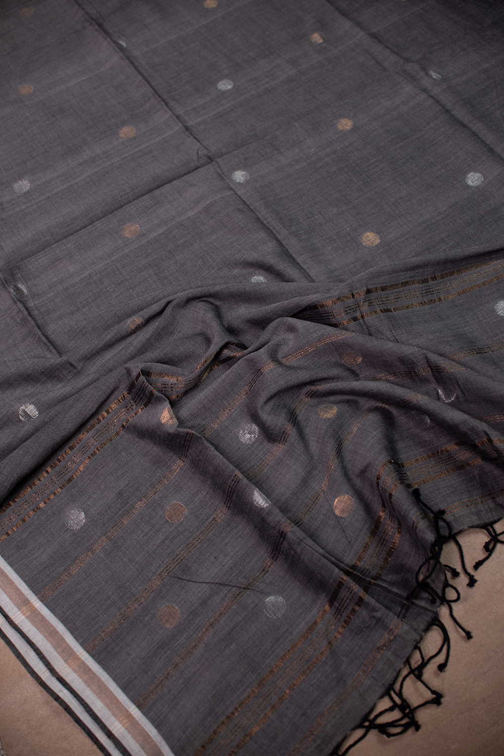 Coin Zari Butta - Dark Grey Jamdani Cotton Dupatta - Image 2