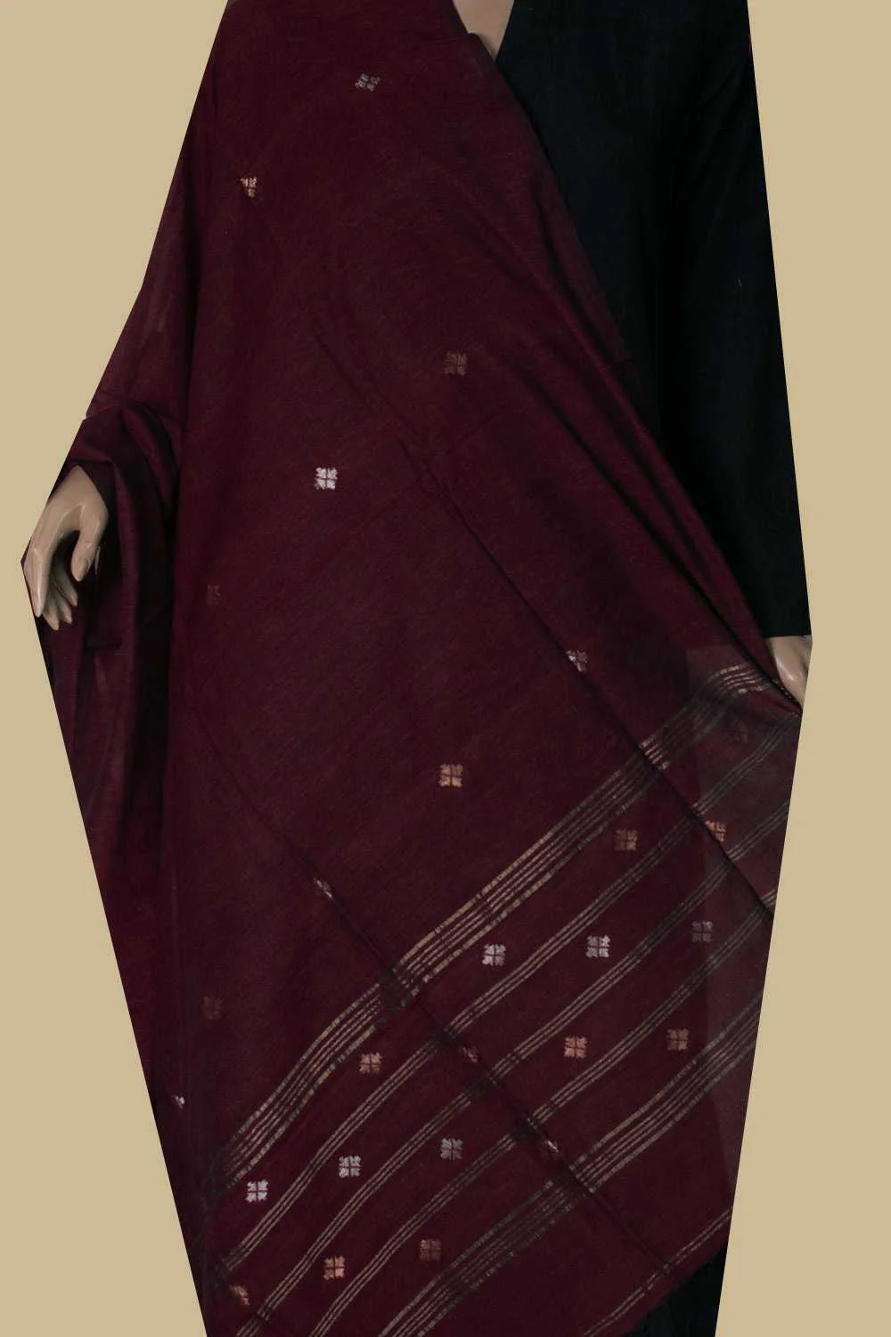 Dark Maroon - Zari Butta Jamdani Cotton Dupatta
