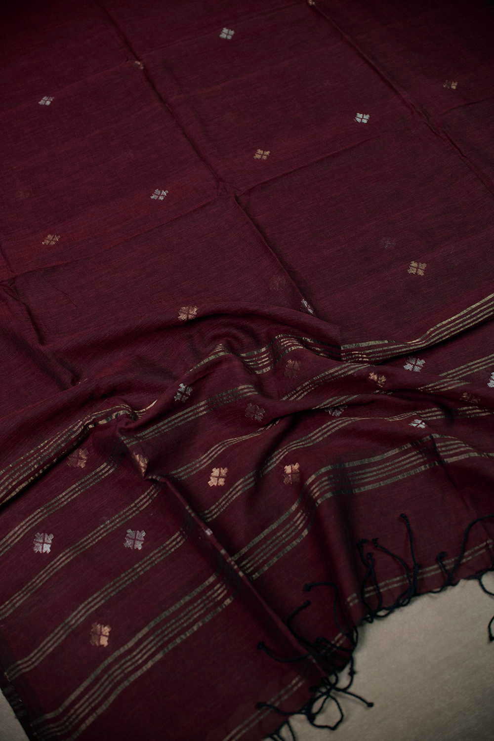 Dark Maroon - Zari Butta Jamdani Cotton Dupatta - Image 3