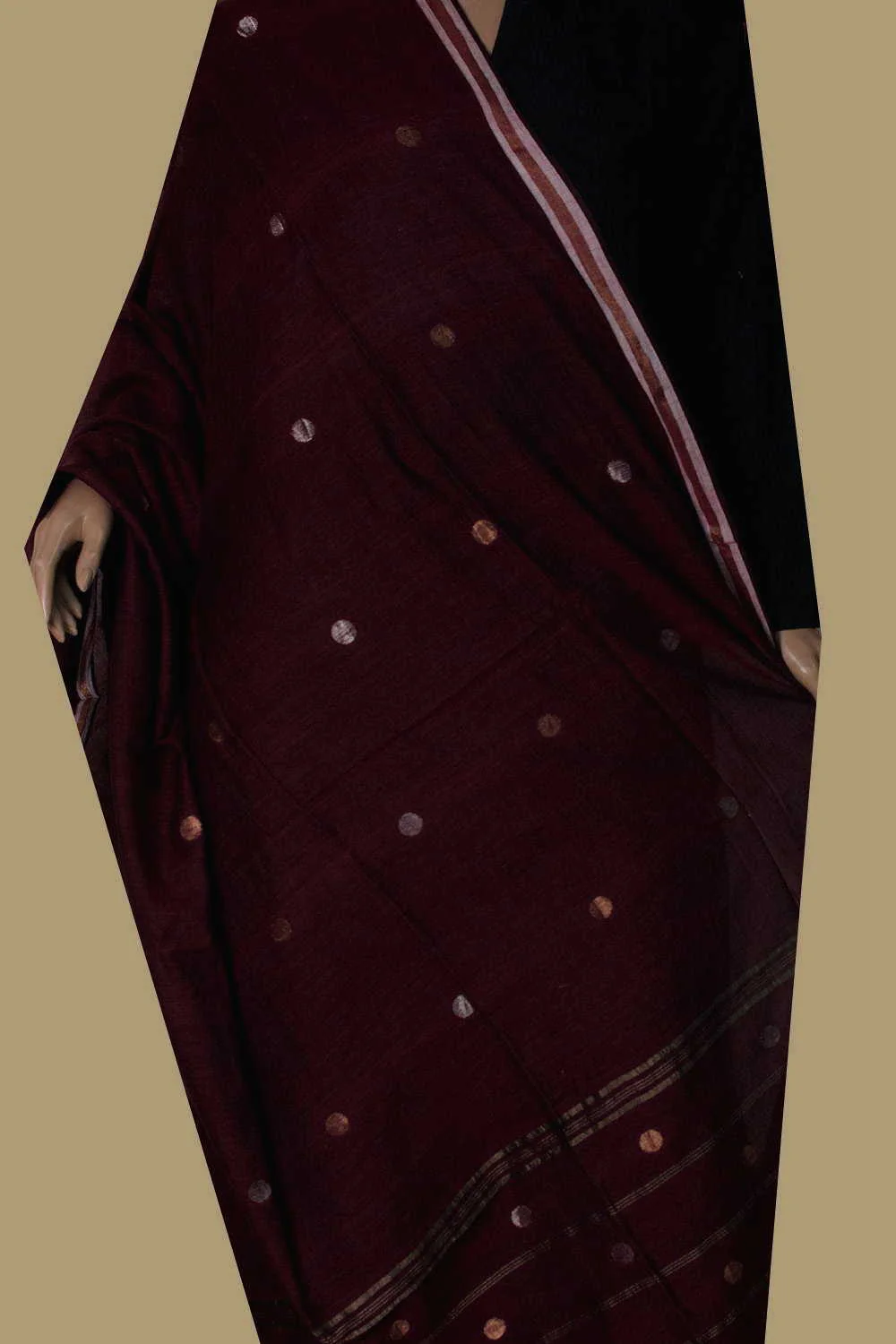 Burnt Maroon - Zari Dots Jamdani  Cotton Dupatta