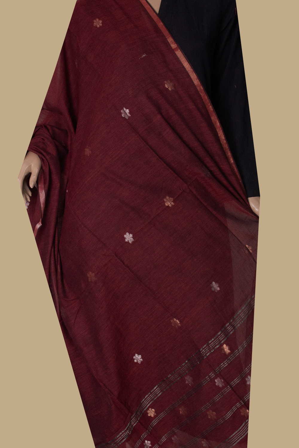 Doubleshade Maroon - Zari Floral Jamdani Cotton Dupatta