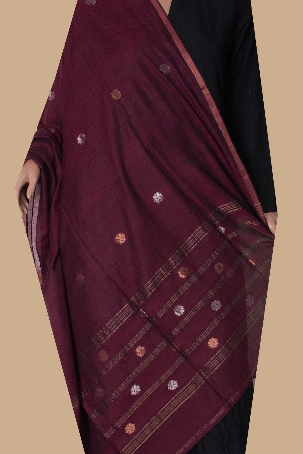 Zari Blossom - Dark Maroon Jamdani Cotton Dupatta