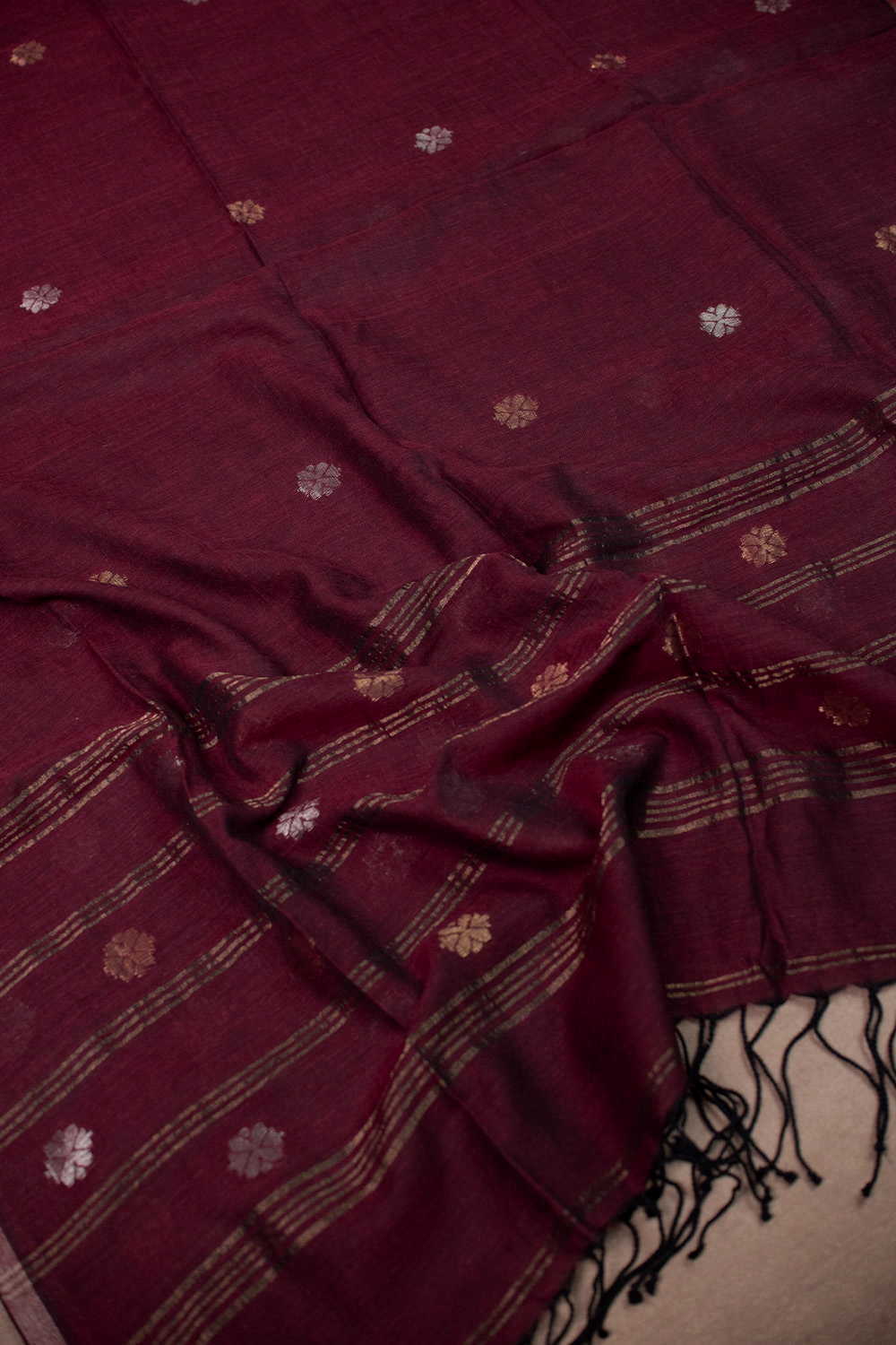 Zari Blossom - Dark Maroon Jamdani Cotton Dupatta - Image 2
