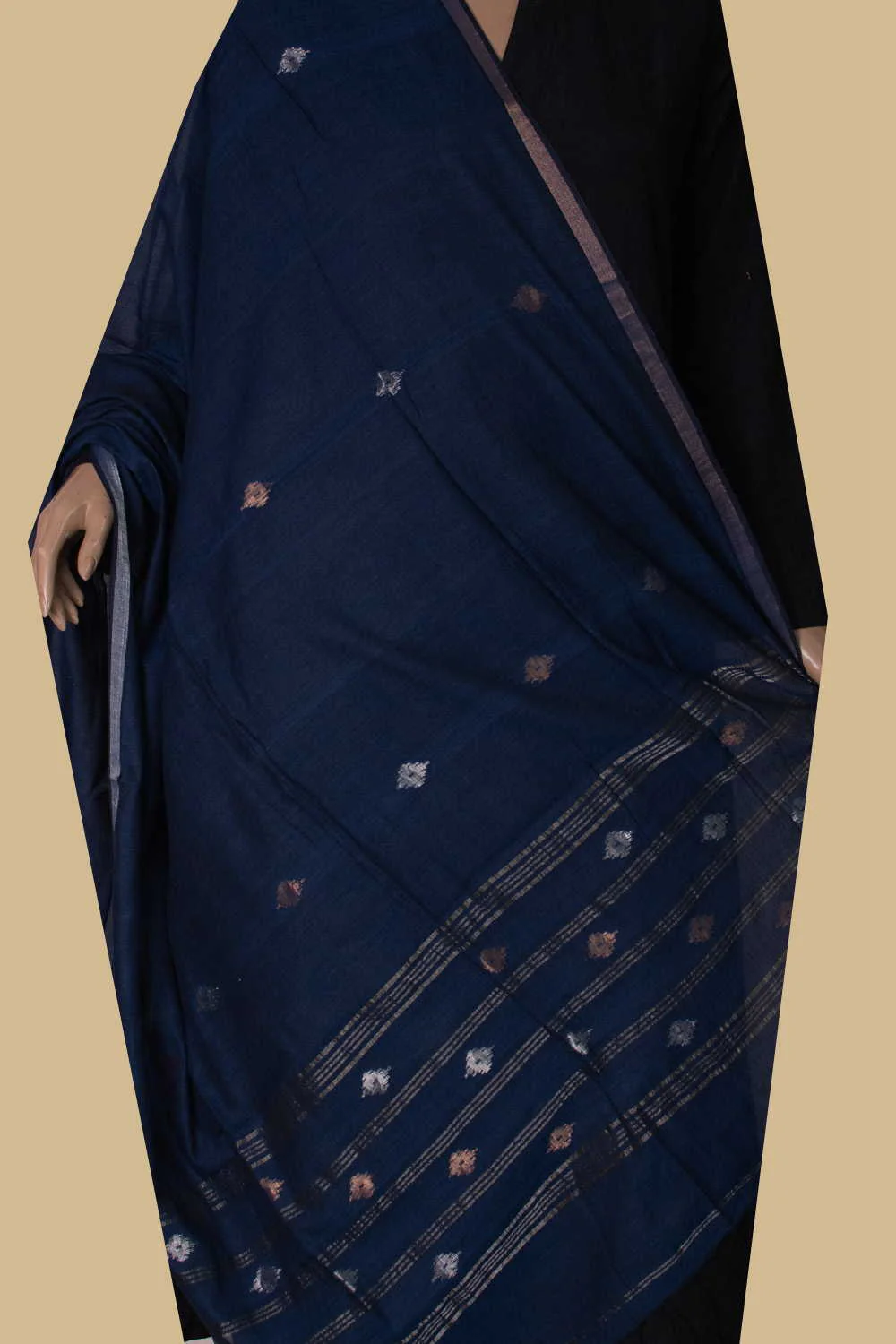 Prussian Blue - Zari Motifs Jamdani Cotton Dupatta
