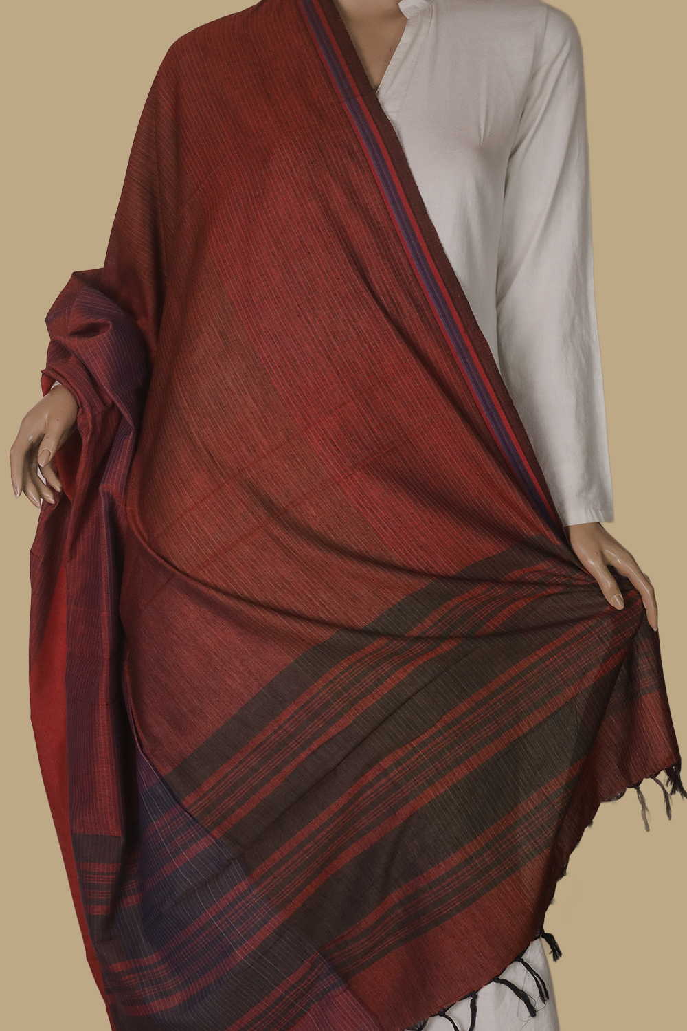 Rust Maroon Multi Shaded Handwoven Cotton Dupatta