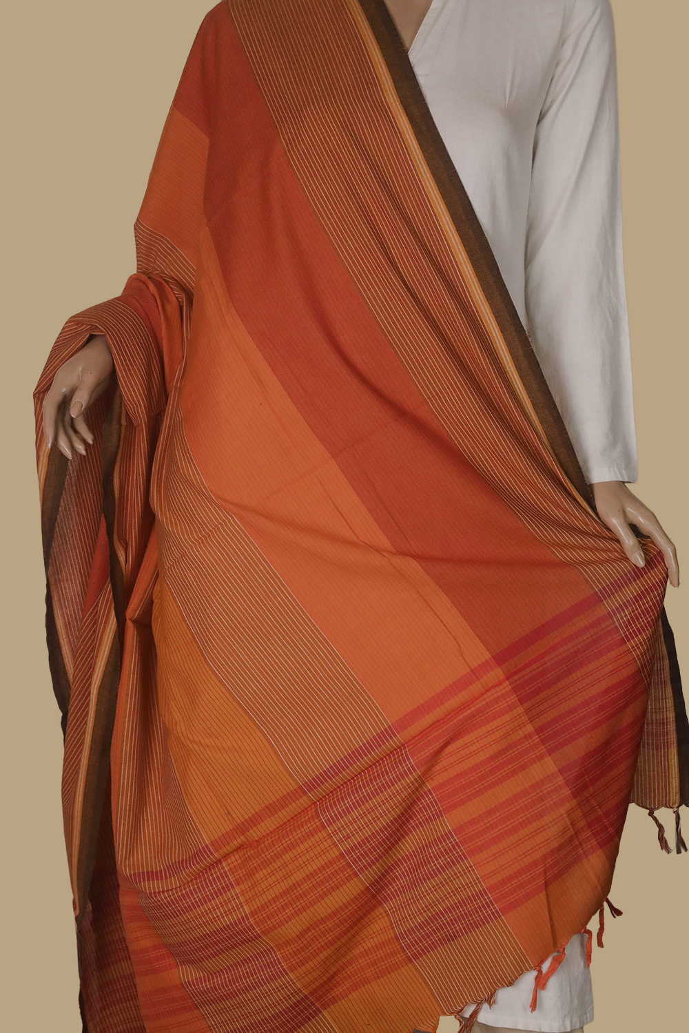 Warm Orange - Multi Tones Handwoven Cotton Dupatta