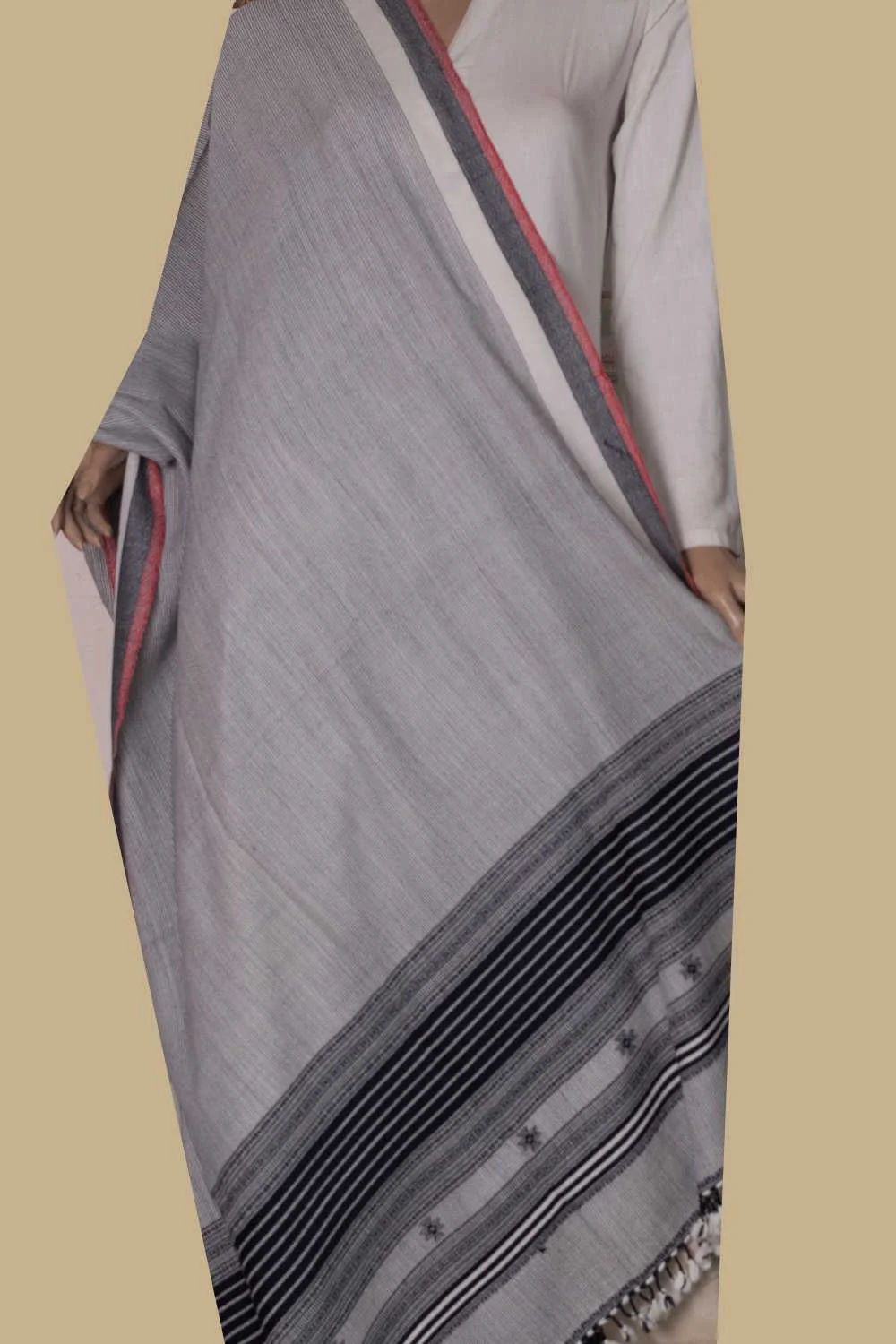 Grey Stripe on Cream Bhujodi Woolen Dupatta