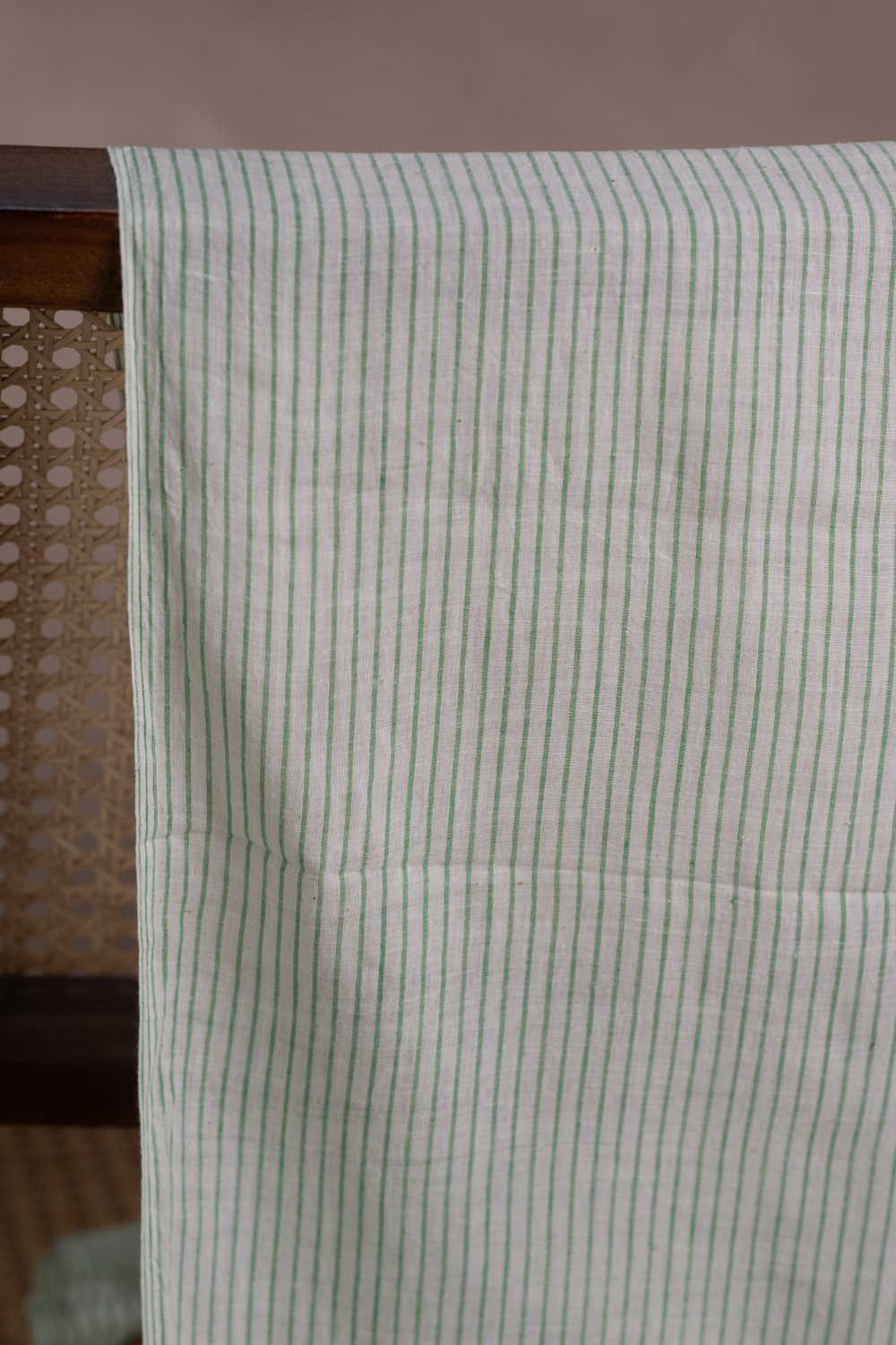 Thin Green Stripe - Cream Handwoven Cotton Fabric - Image 2