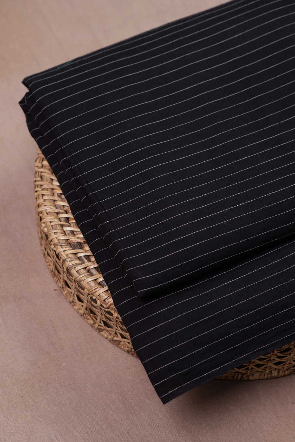 Black with Cream Stripe Handwoven Cotton Fabric - Image 2