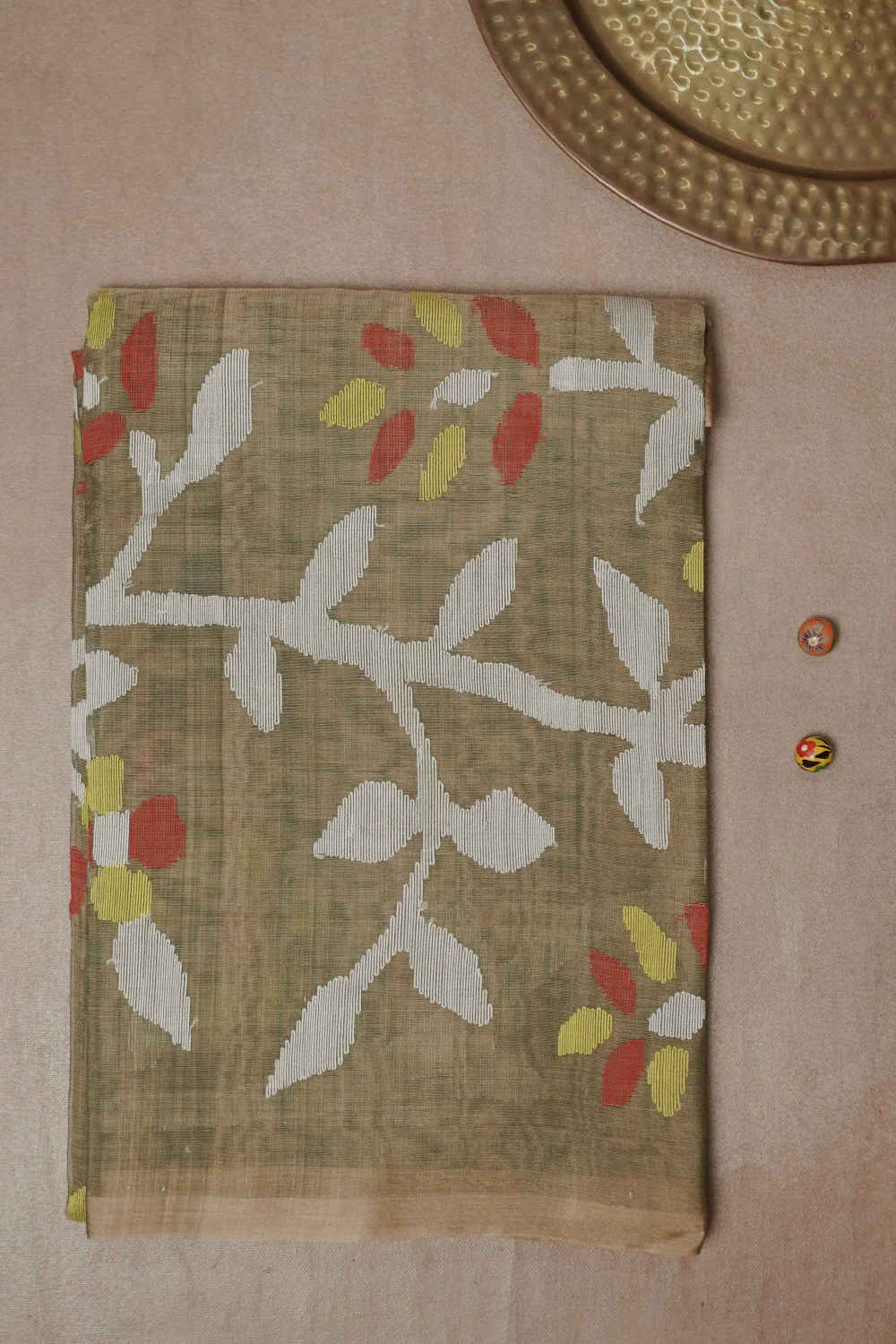 Butta on Brown Handwoven Bengal Muslin silk saree
