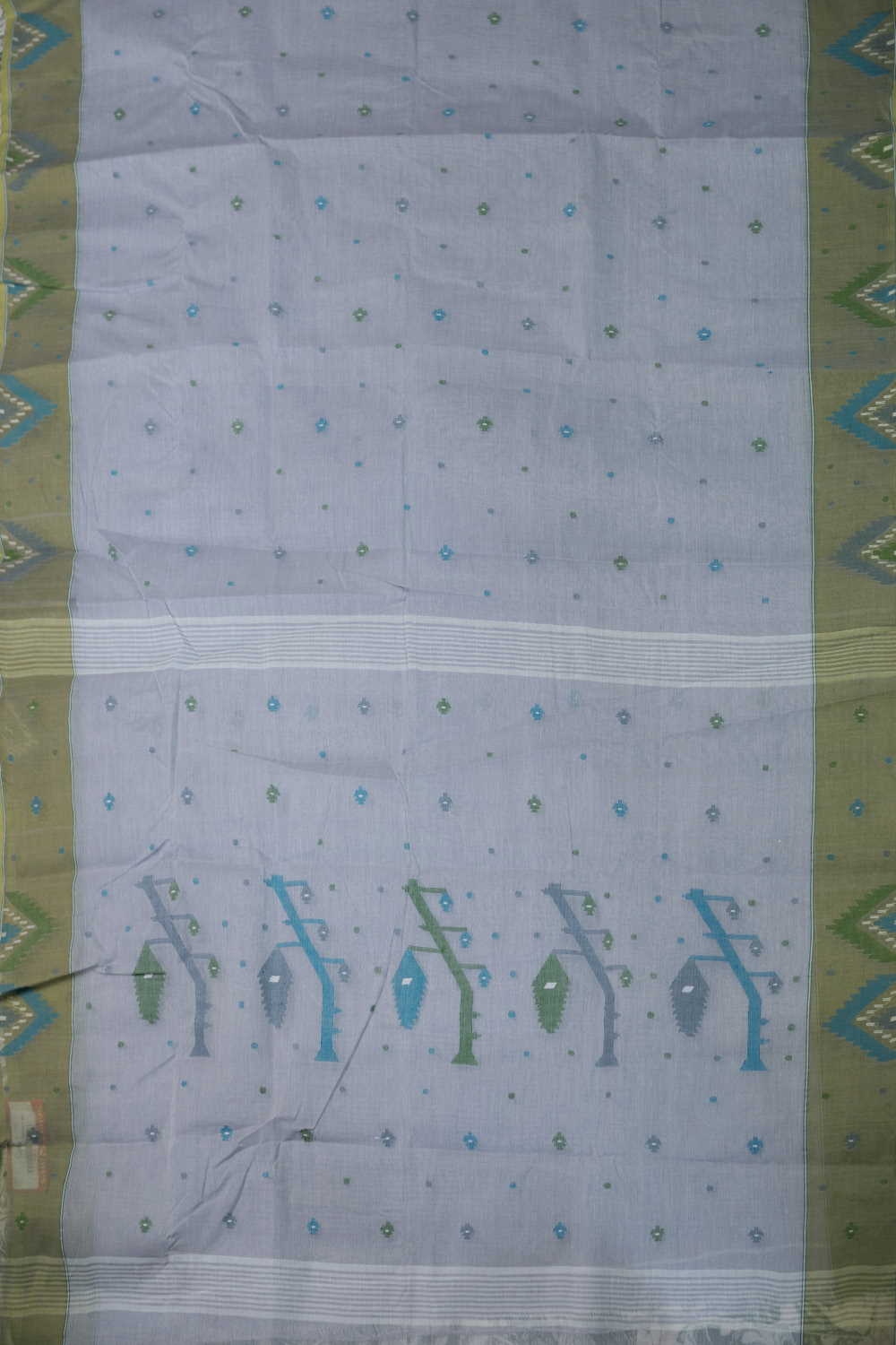 Green Border on Grey Bengal Handwoven Cotton saree - Image 2
