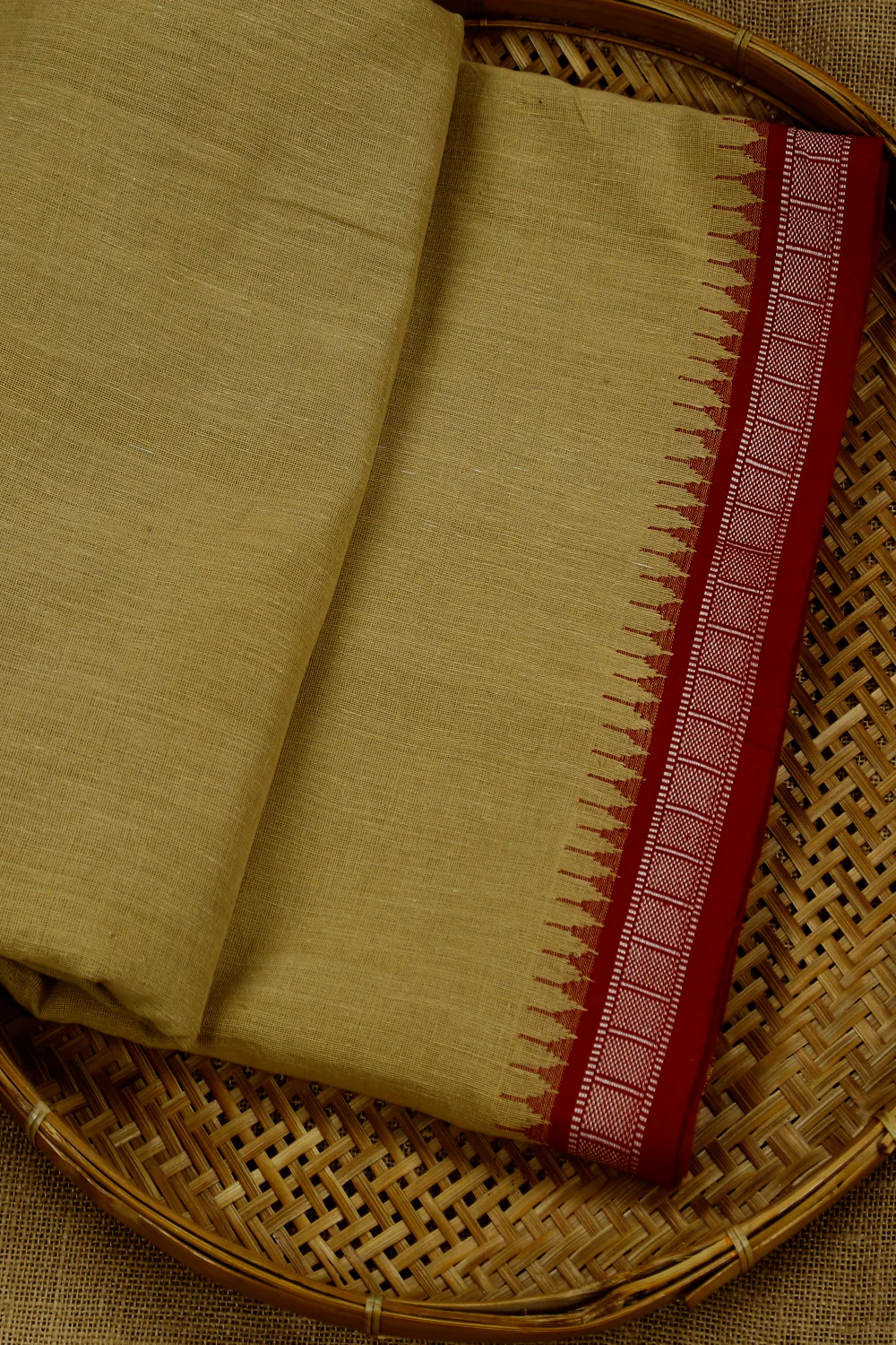 Sandcastle Beige Handspun Kuppadam Bordered Fabric