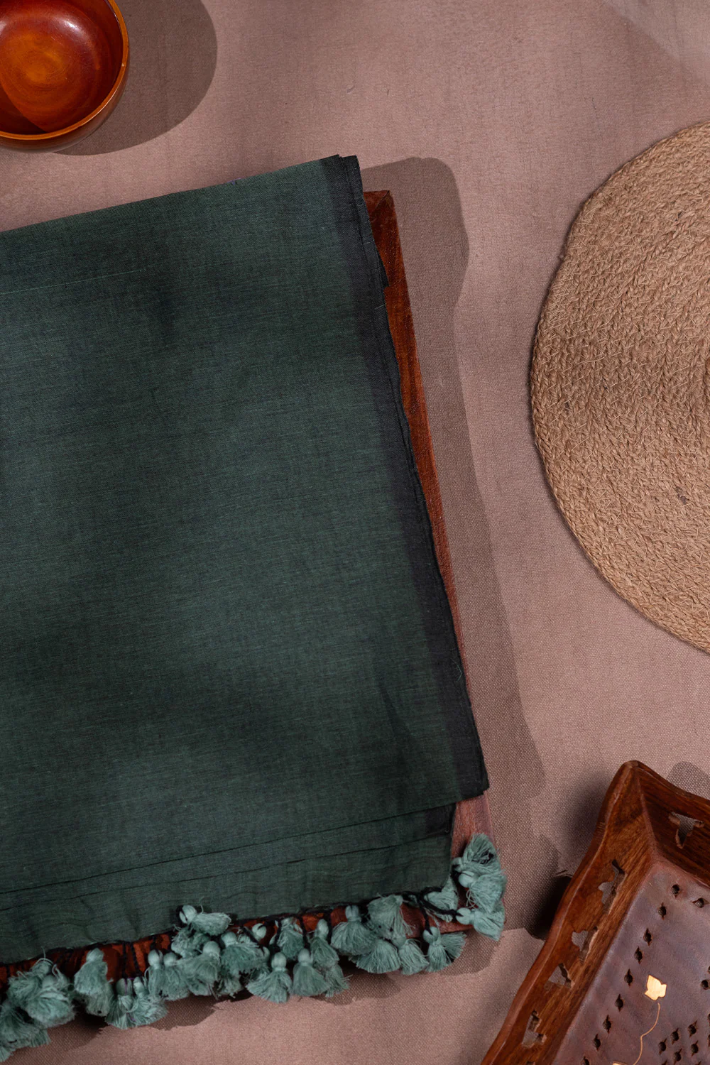 Pine Green Plain Handwoven Mul Cotton saree 3p