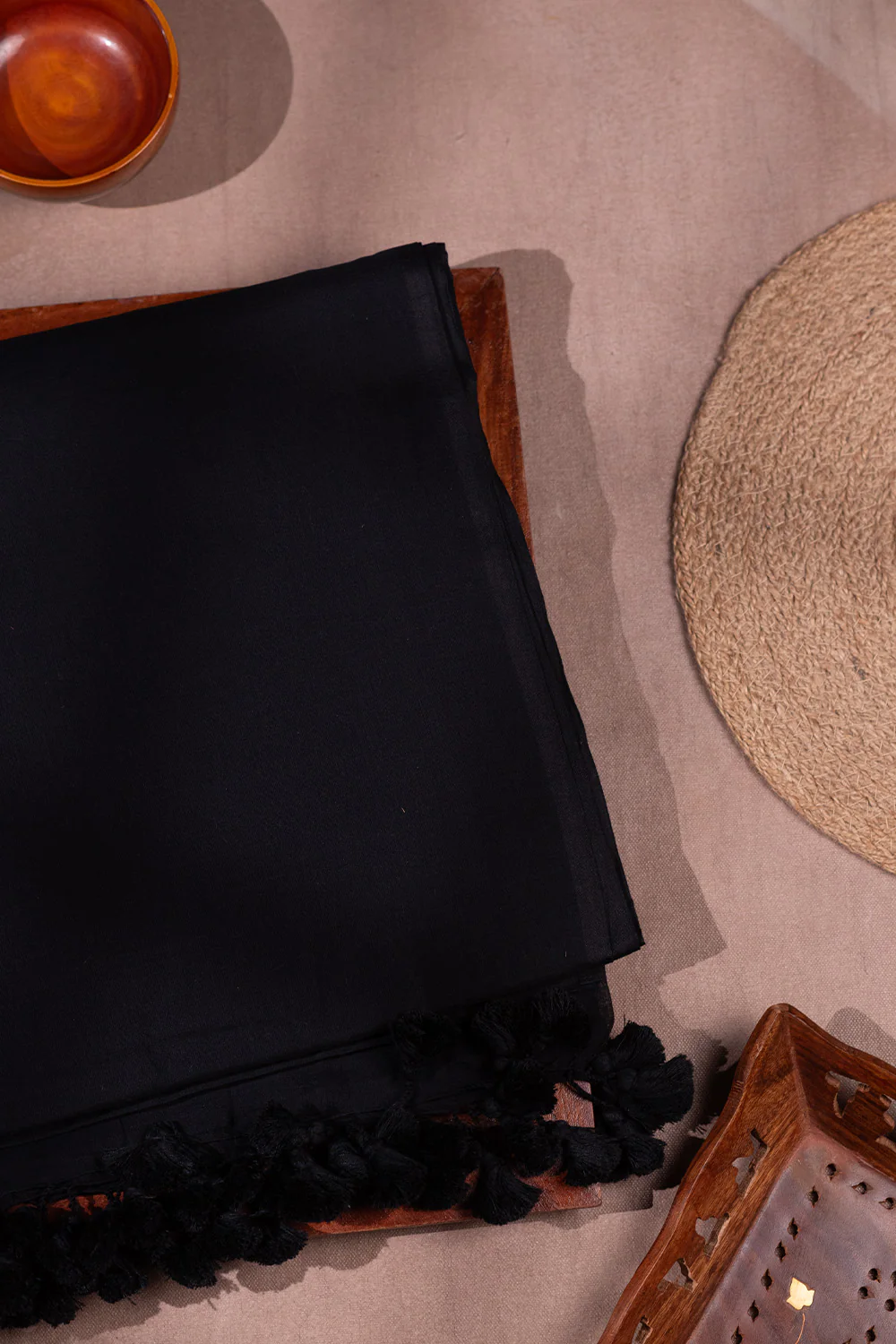 Black - Plain Handwoven Mul Cotton saree
