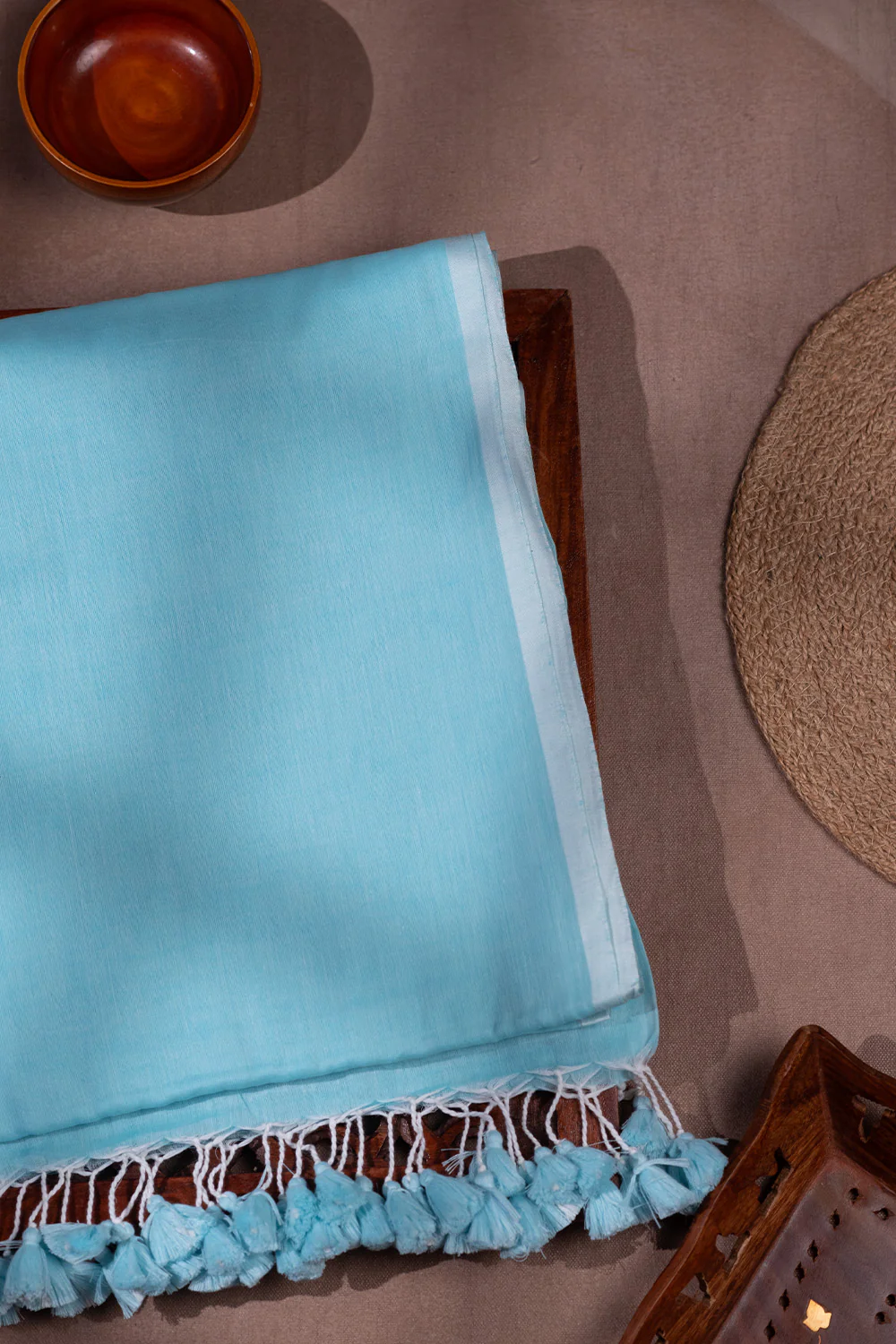 Cyan Blue - Plain Handwoven Mul Cotton saree