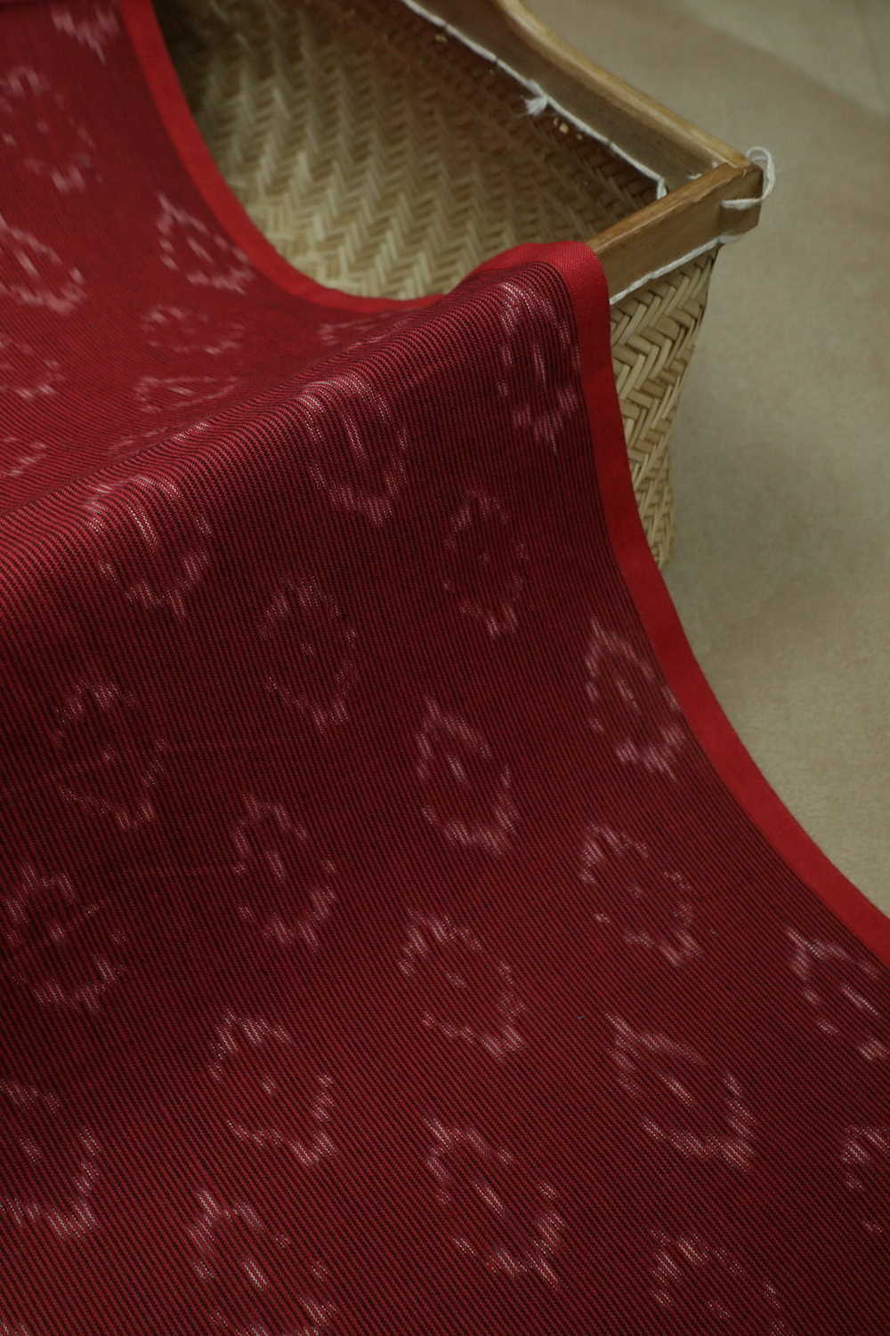 Black Stripe on Red Pochampally Ikat Cotton Fabric - Image 2
