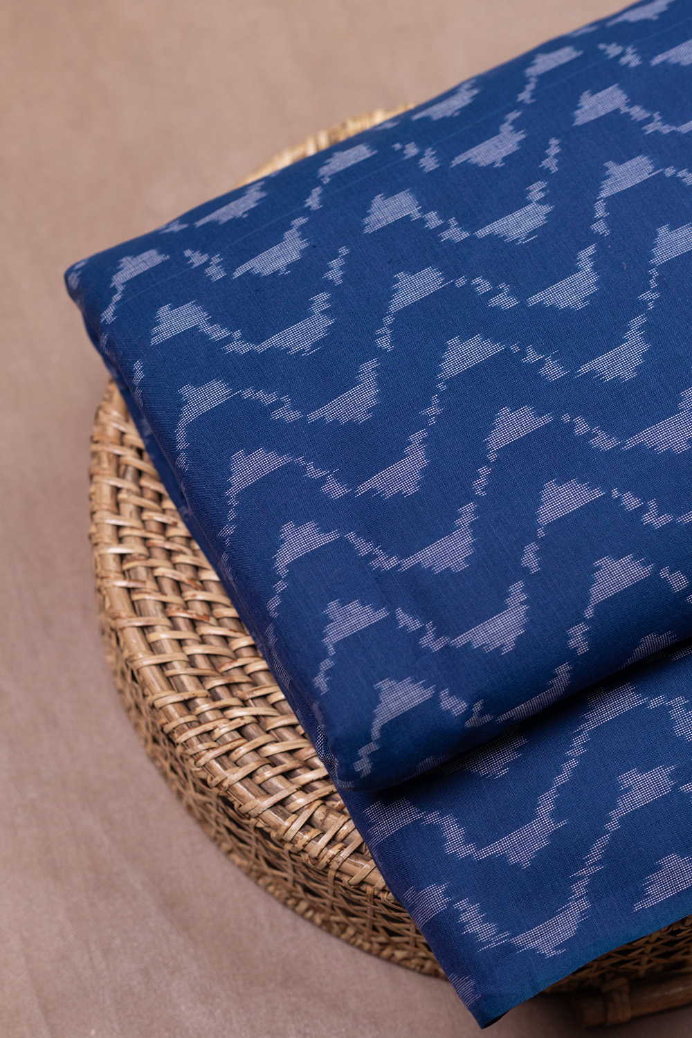 Waves Pattern on Blue Ikat Cotton Fabric