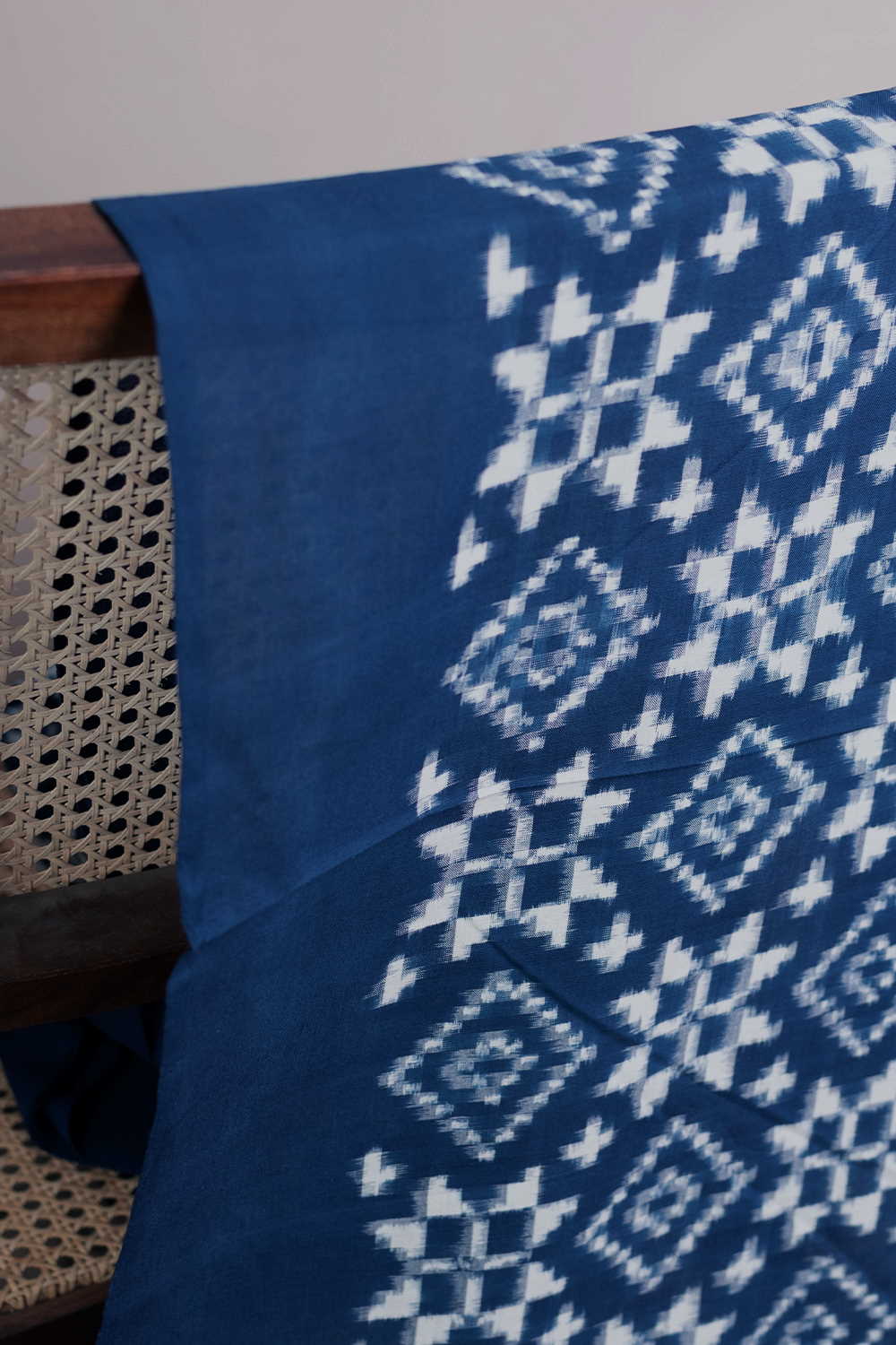 Cream Pattern on Blue Telia Rumal Ikat Cotton Fabric