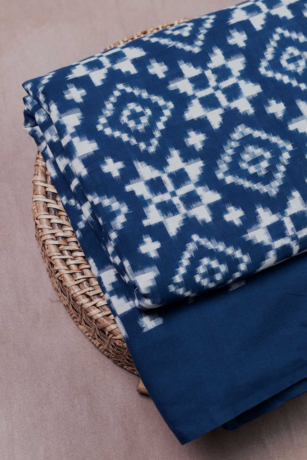 Cream Pattern on Blue Telia Rumal Ikat Cotton Fabric - Image 3