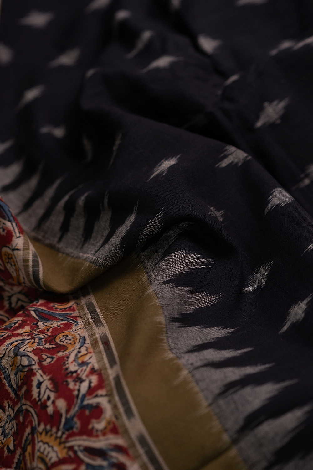 Black Ikat with Maroon Printed Border Fabric - Image 2