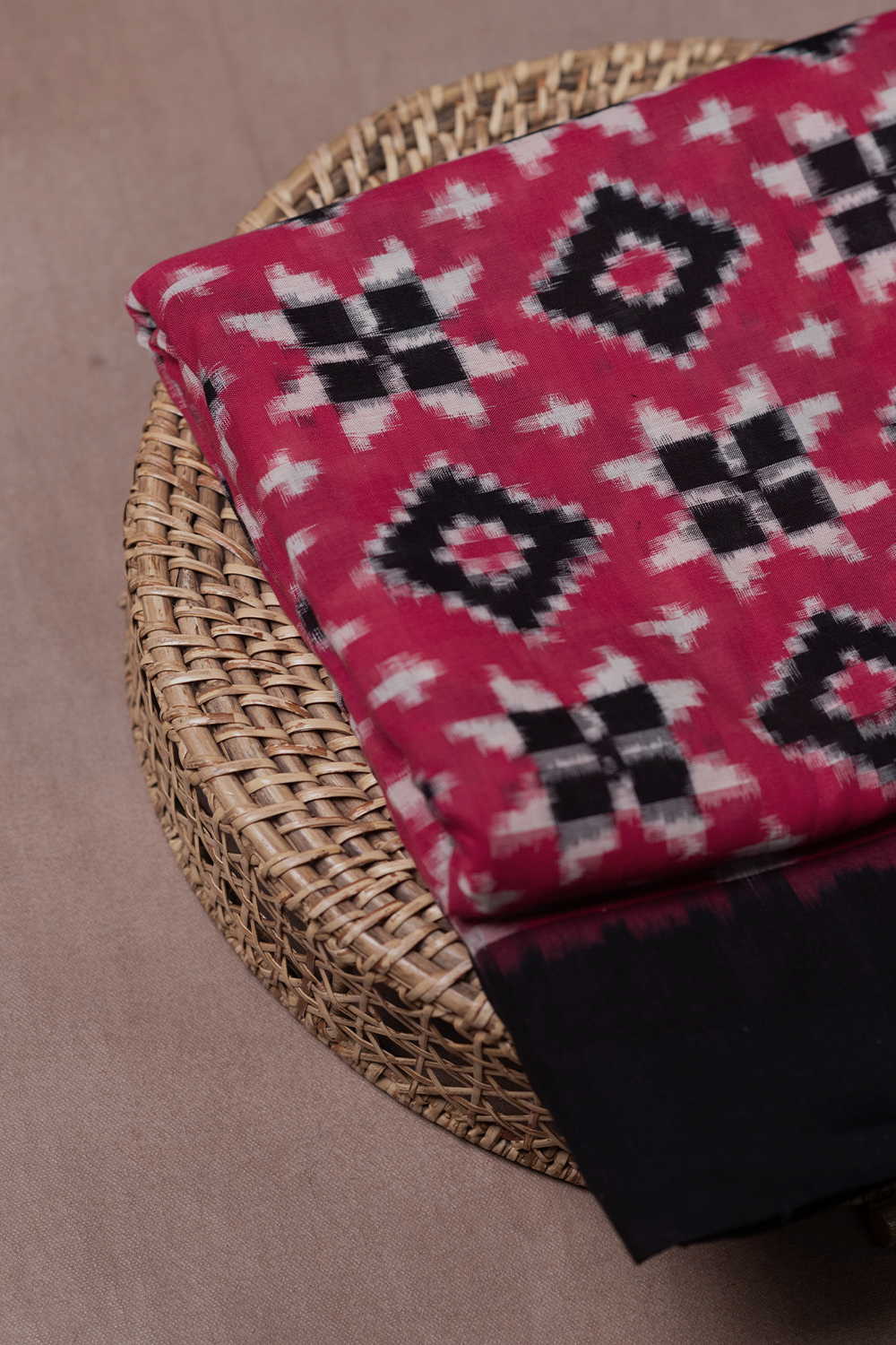 Peach with Black Border Teliya Rual Ikat Cotton Fabric
