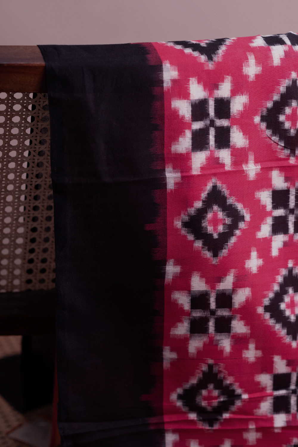 Peach with Black Border Teliya Rual Ikat Cotton Fabric - Image 2