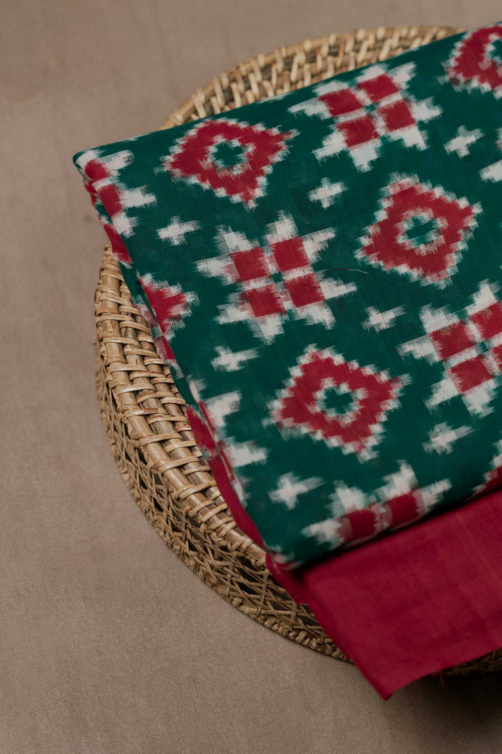 Green with Maroon Border Teliya Rual Ikat Cotton Fabric