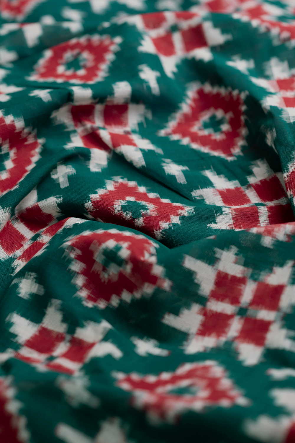 Green with Maroon Border Teliya Rual Ikat Cotton Fabric - Image 2