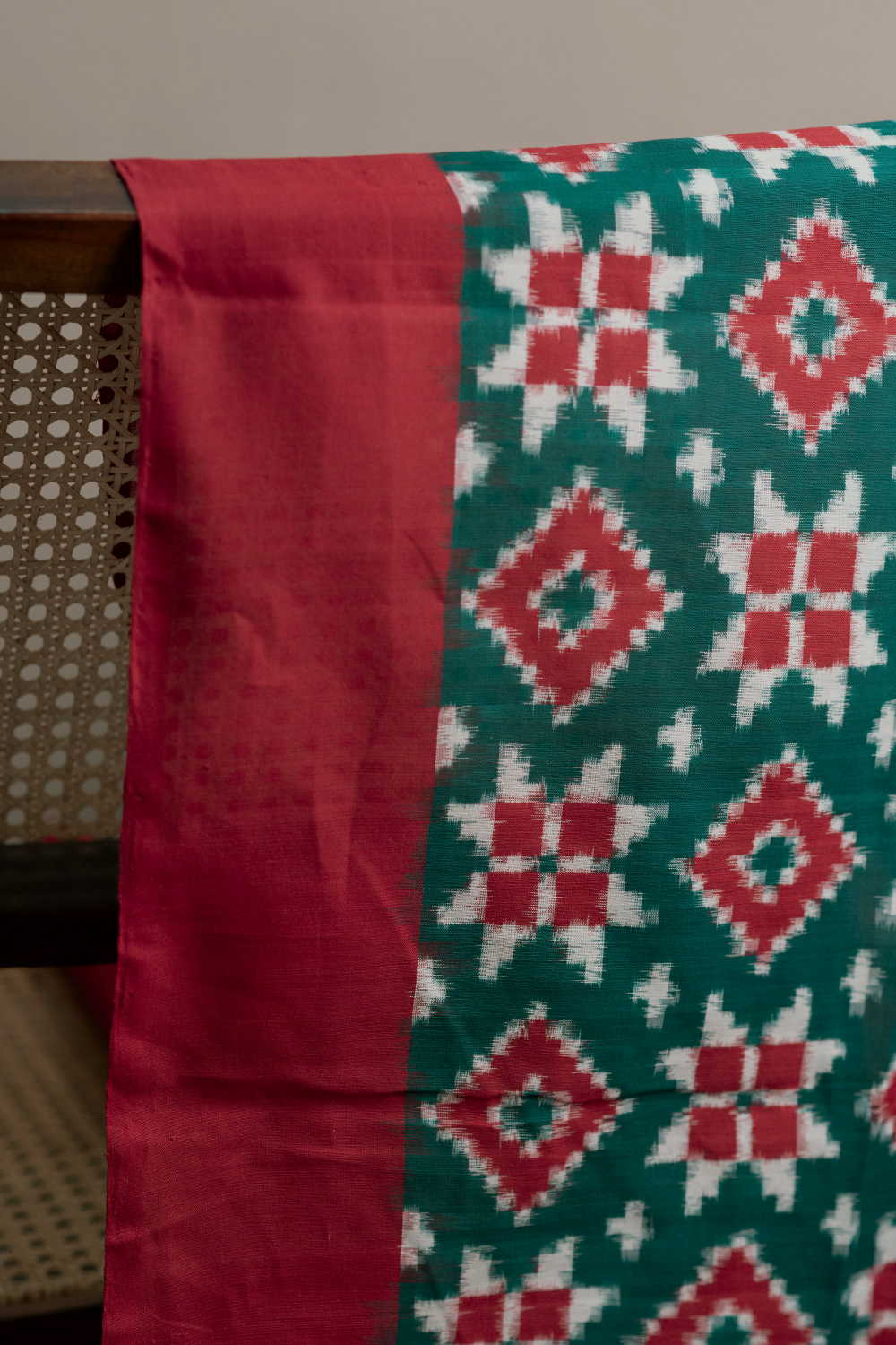 Green with Maroon Border Teliya Rual Ikat Cotton Fabric - Image 3