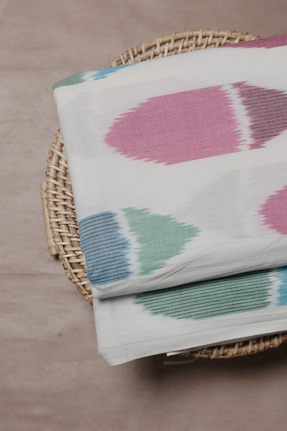Pink and Blue Butta on Cream Ikat Cotton Fabric