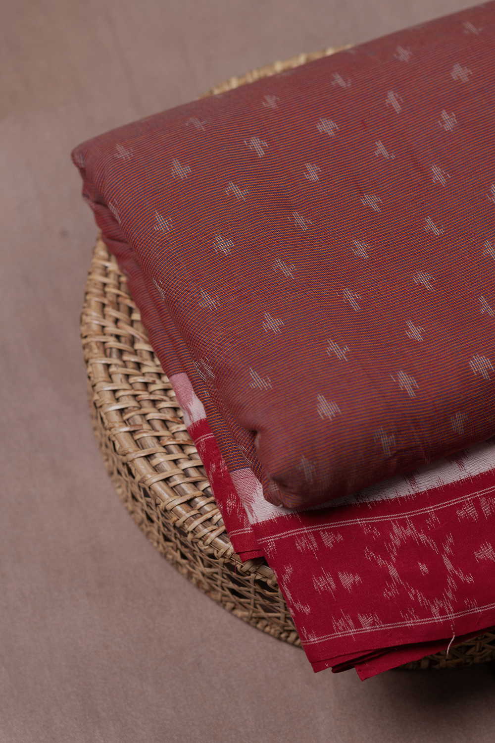 Dual Shaded Maroon Ikat Border Cotton Fabric