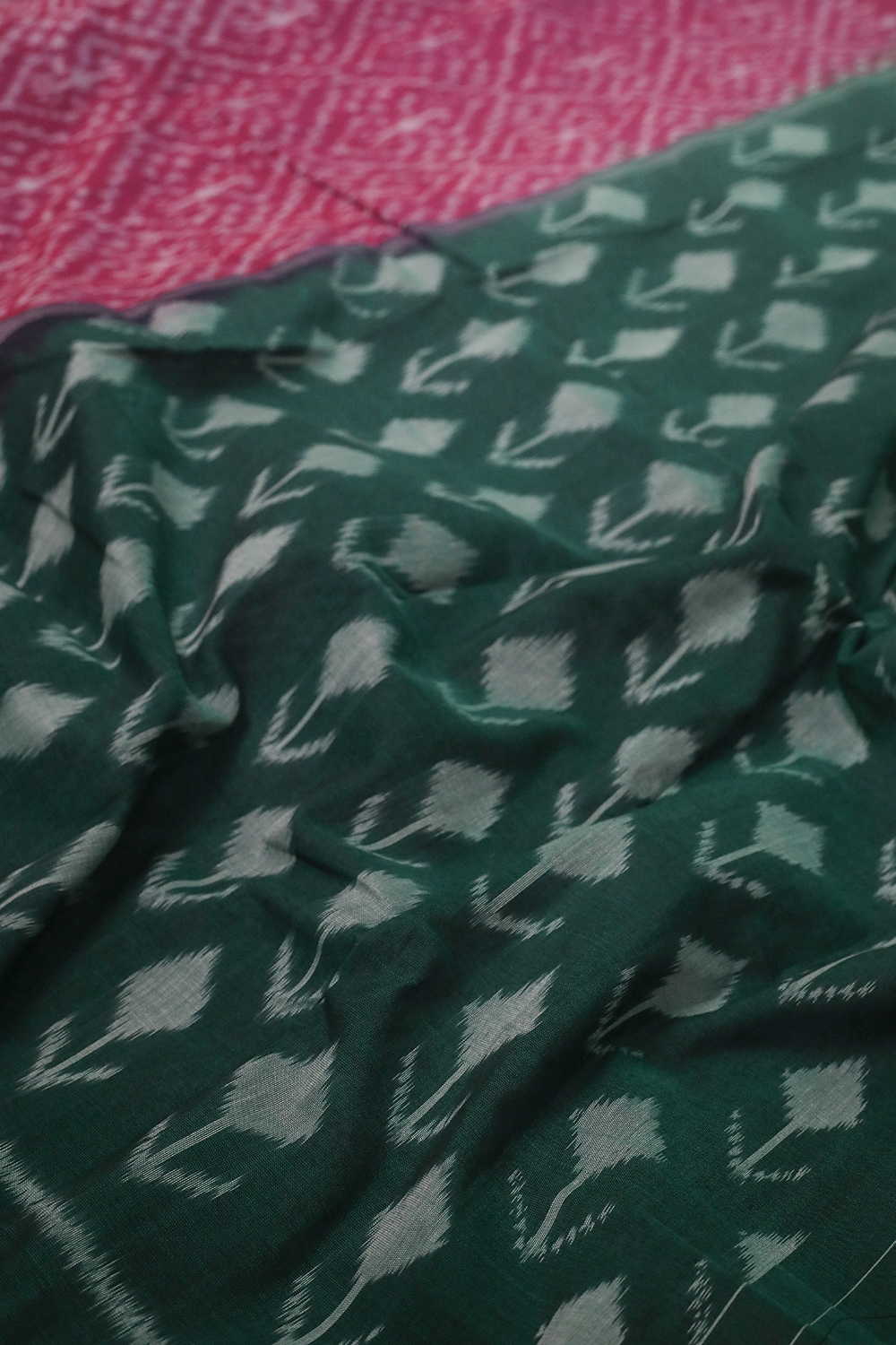 Patterned on Pink with Green Border Ikat Cotton saree - Image 3