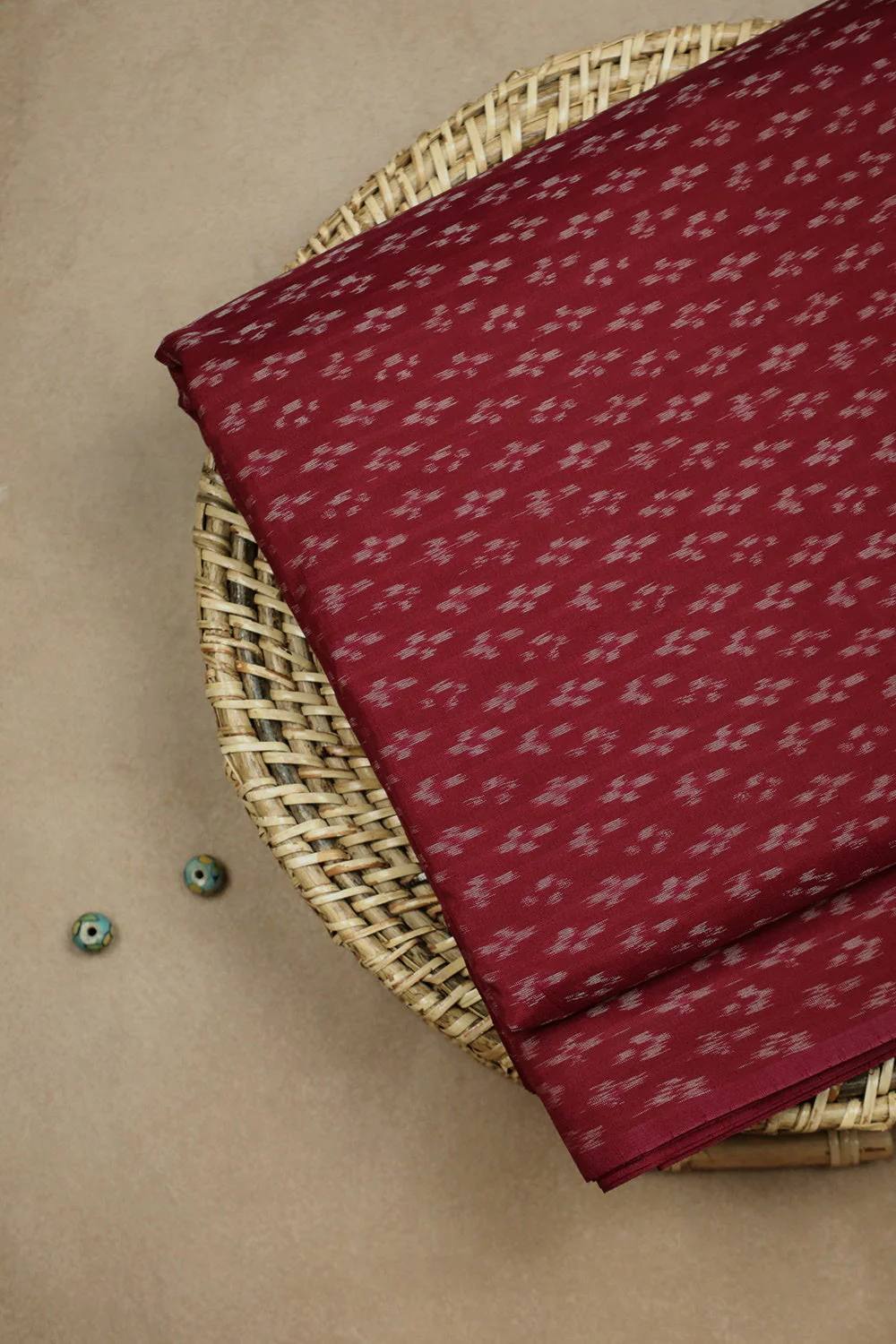 Carmine Maroon with Butta Ikat Silk Cotton Fabric