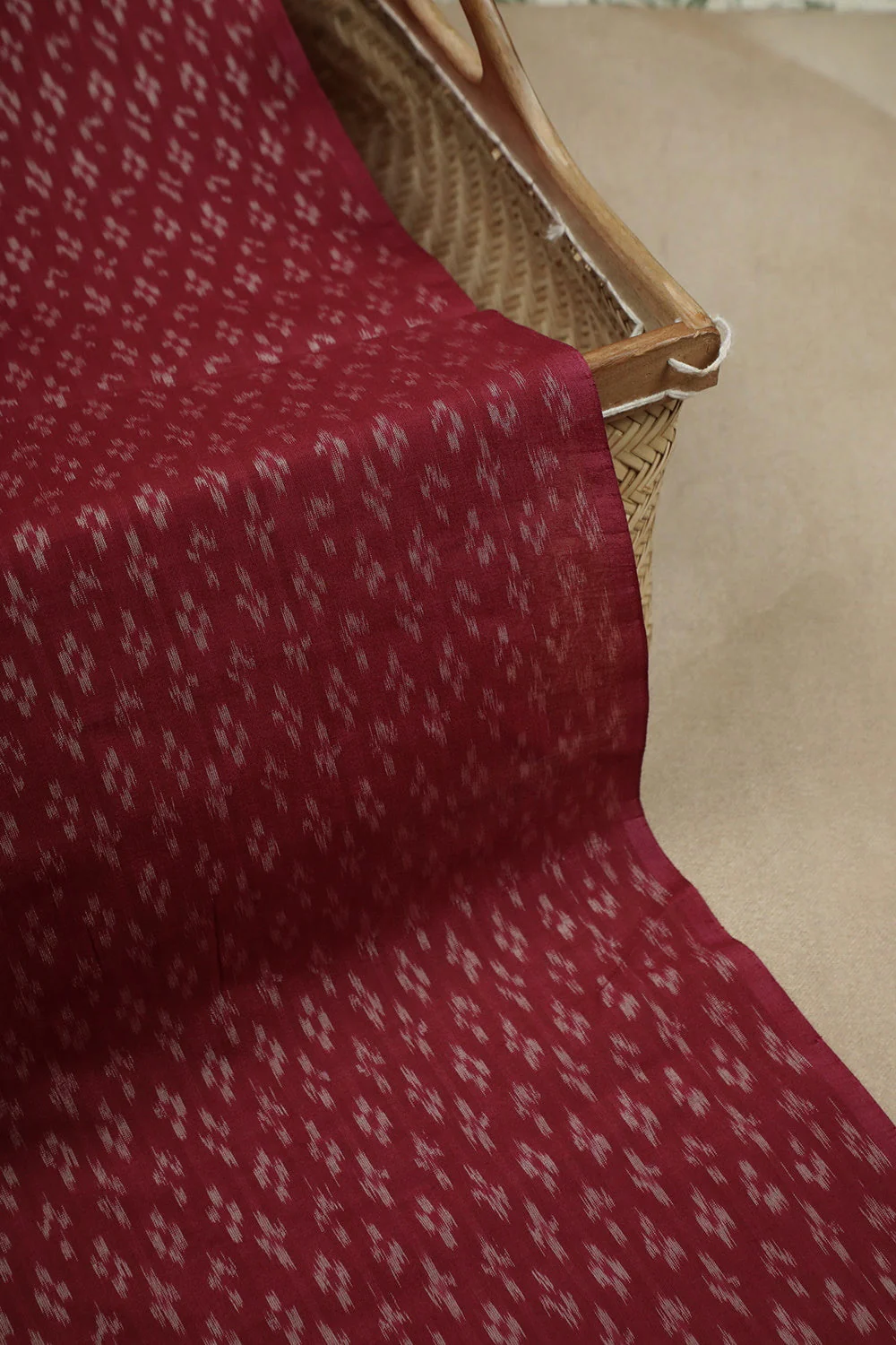 Carmine Maroon with Butta Ikat Silk Cotton Fabric - Image 2